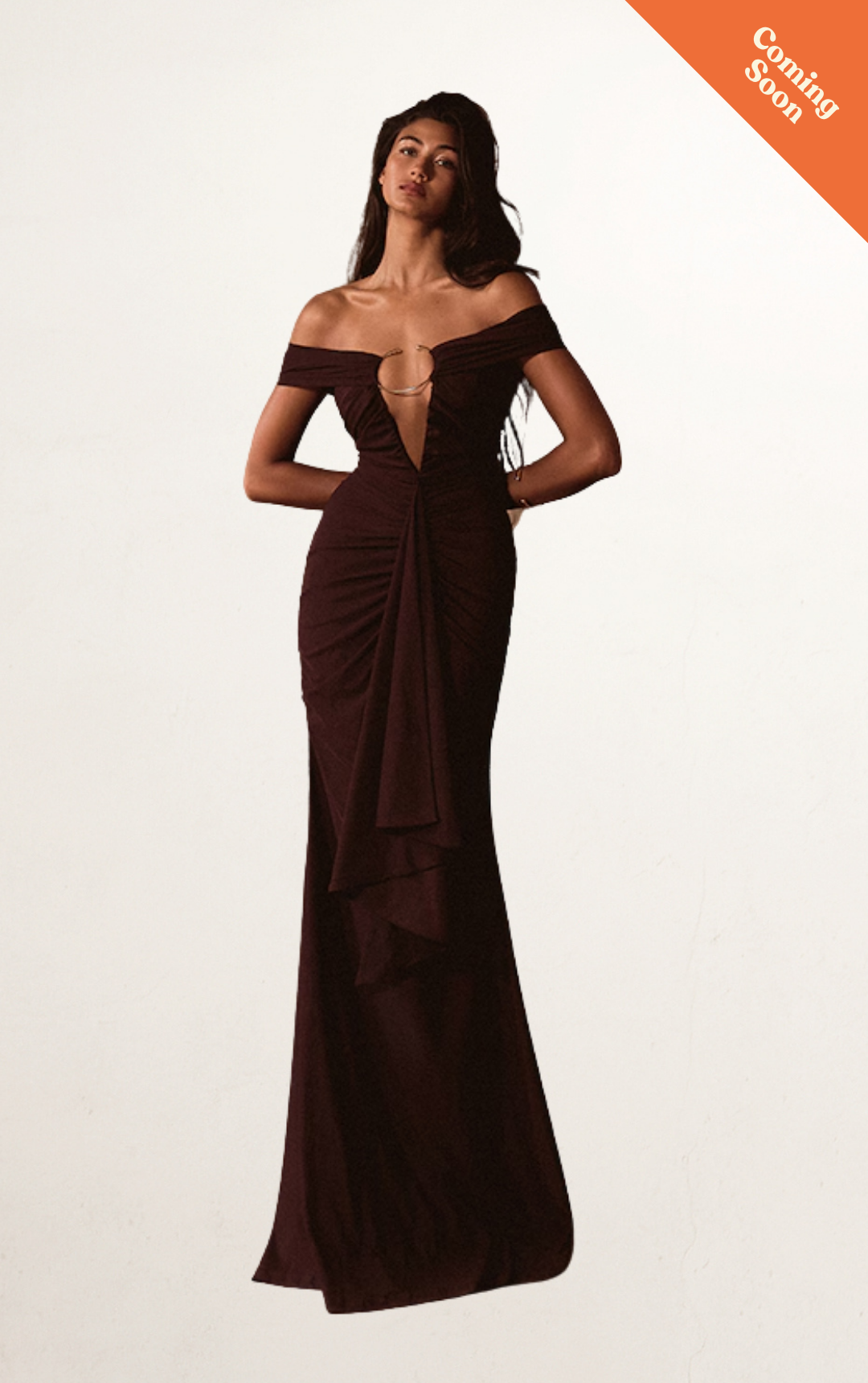 Brown Mesh Trim Fishtail Maxi Dress