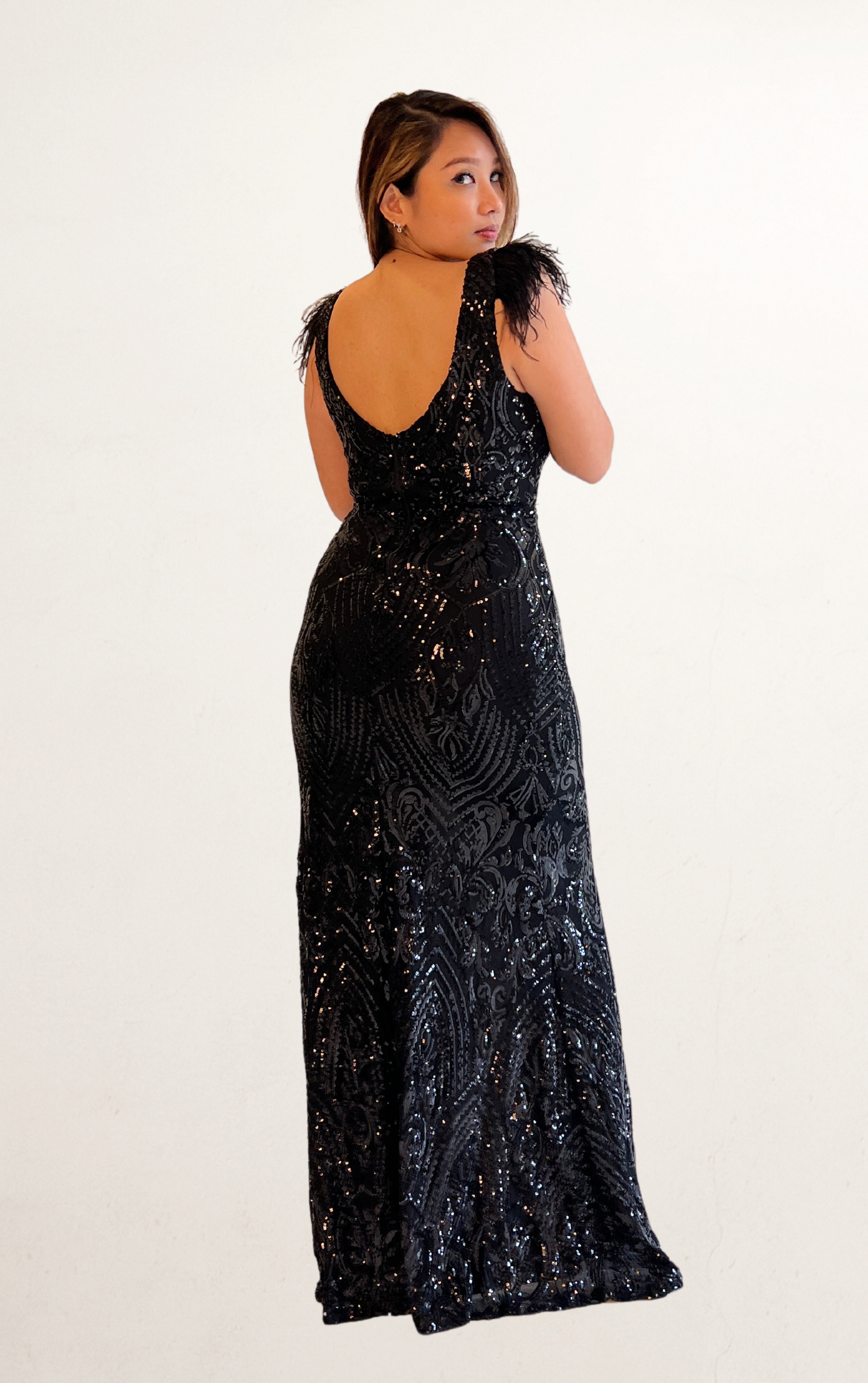Black Sequin Deep V Feather Dress (Archive Drop)