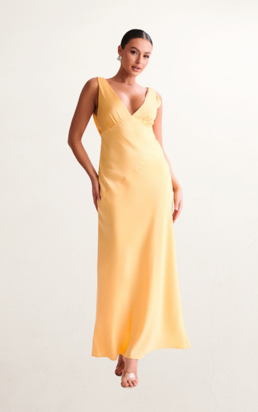 Yellow Satin Maxi Dress with Back Cowl