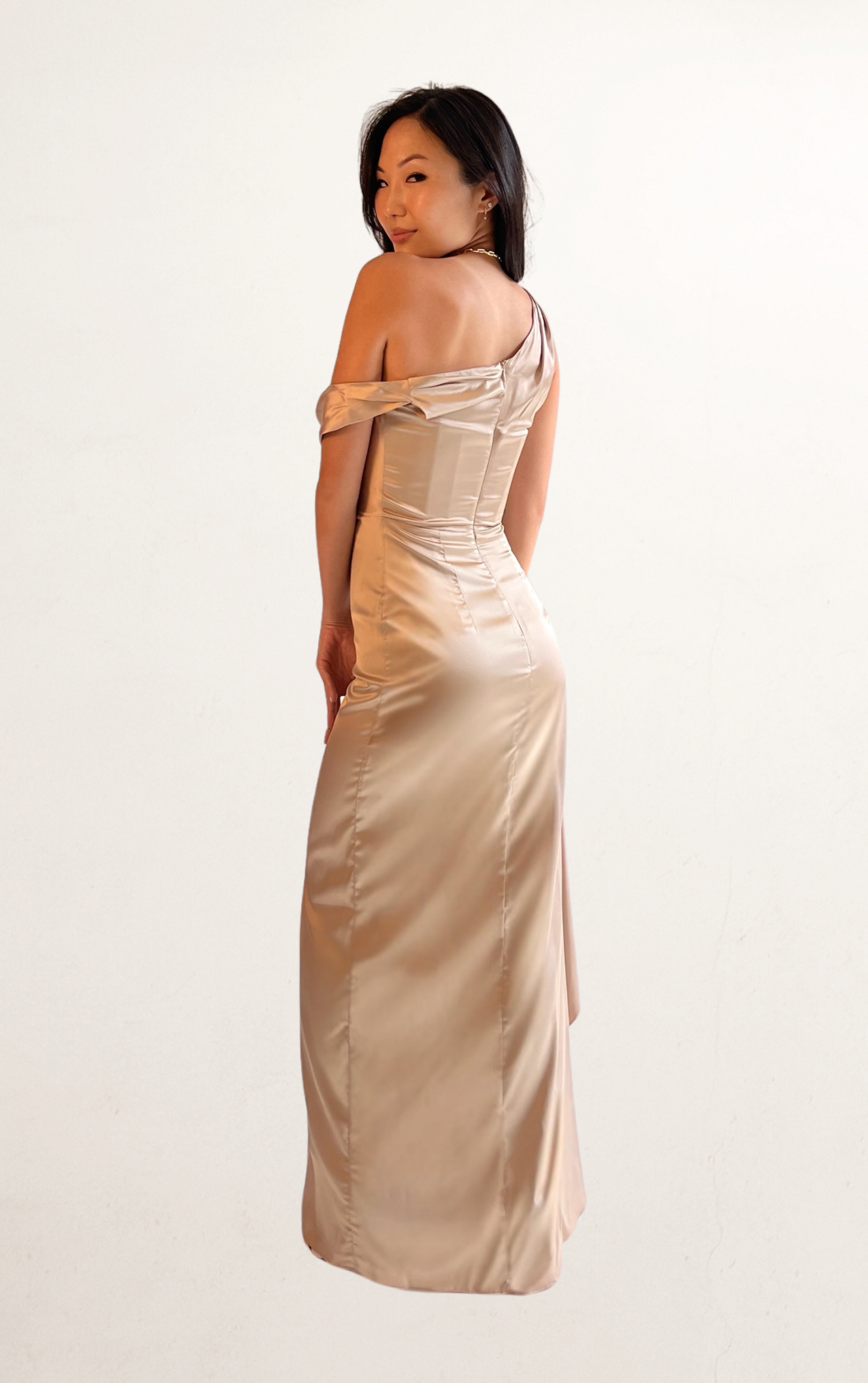 Champagne Satin One-Shoulder Dress