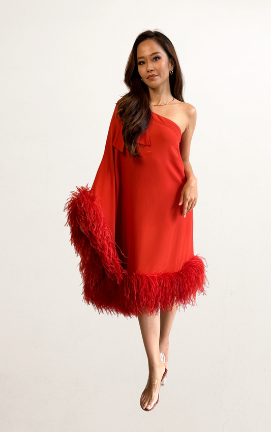 Red Cult Gaia One-Shoulder Feather Dress