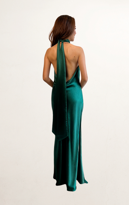Green Satin Halter with Scarf Dress