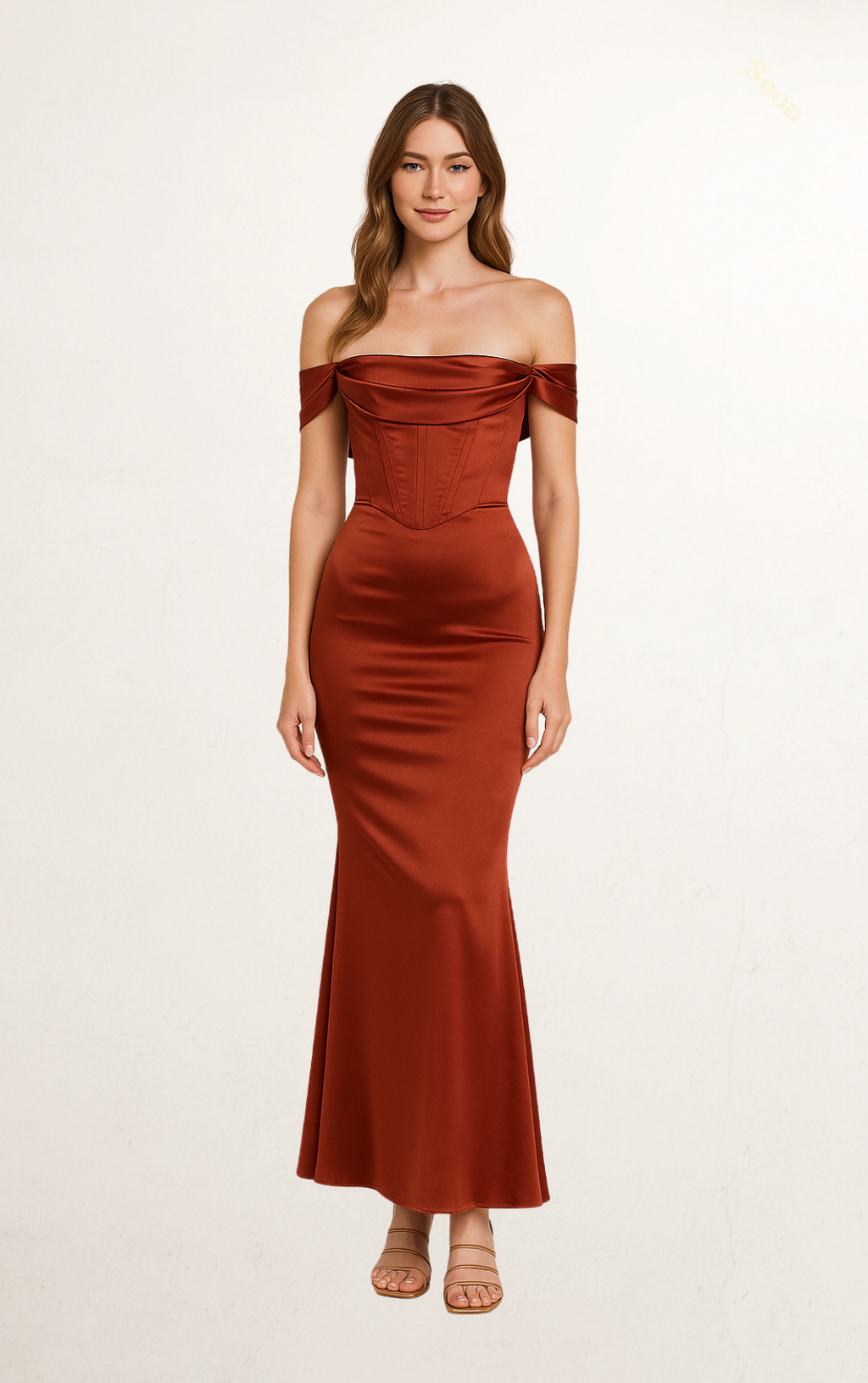 Rust Off-Shoulder Silk Corset Dress