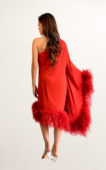 Red Cult Gaia One-Shoulder Feather Dress