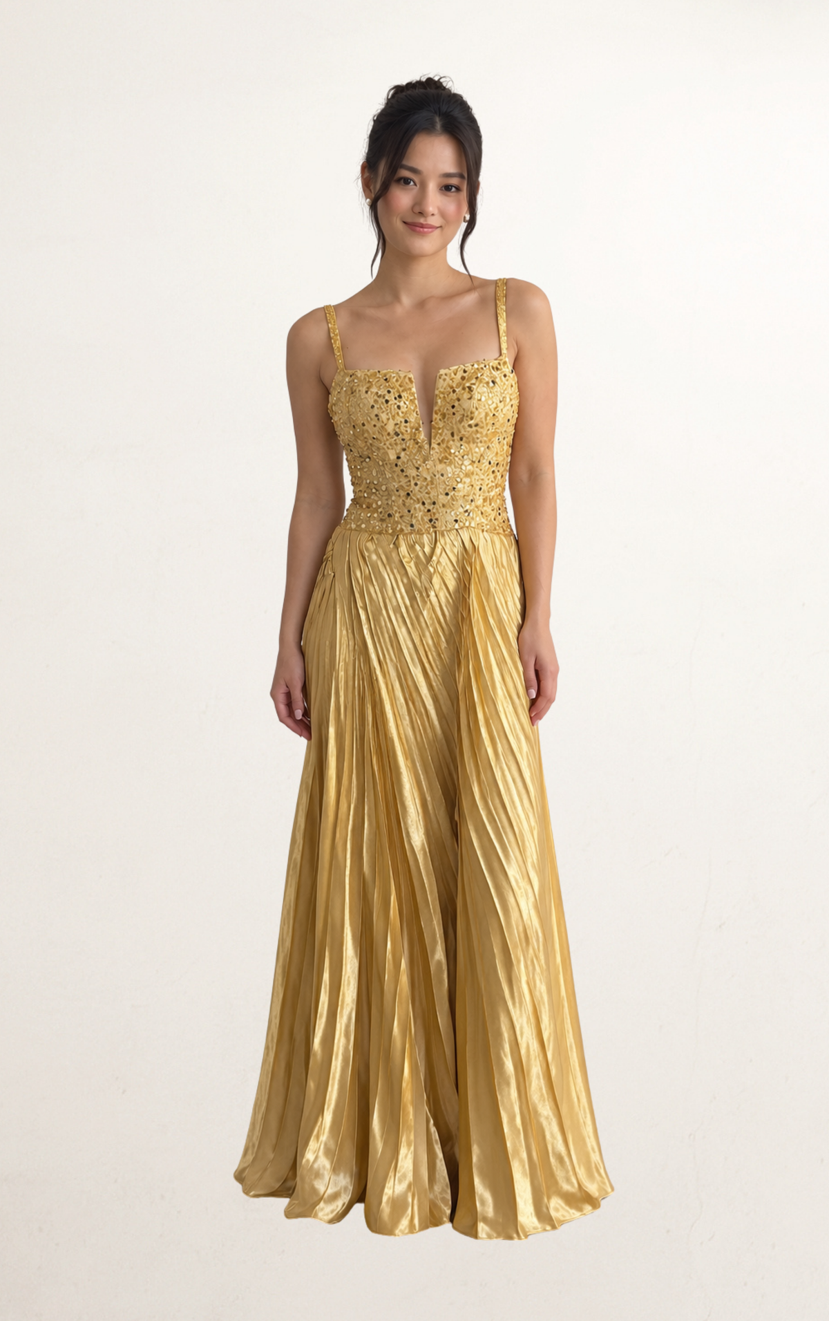Gold Sequin Corset Pleated Evening Gown