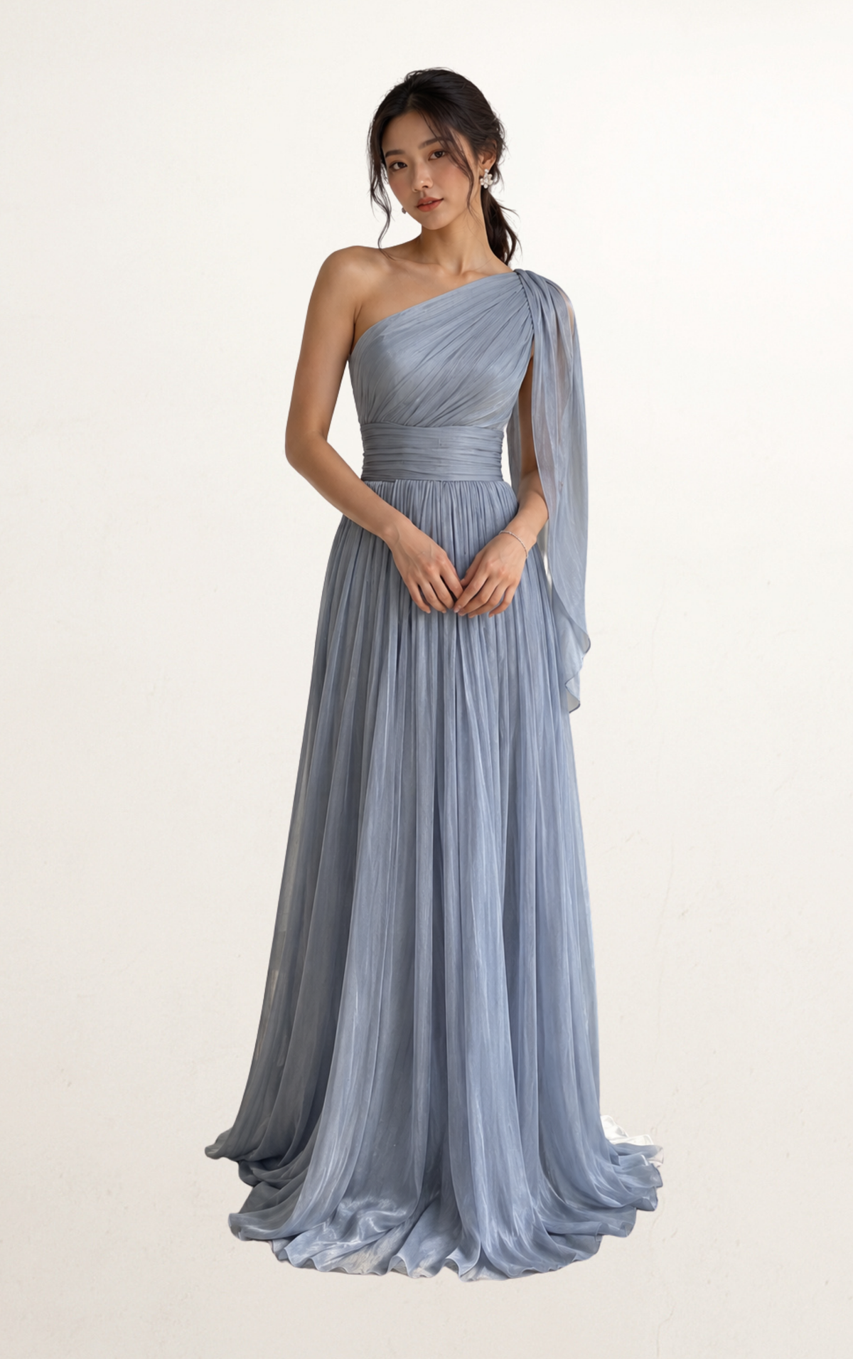 Dusty Blue One-Shoulder Chiffon Evening Gown