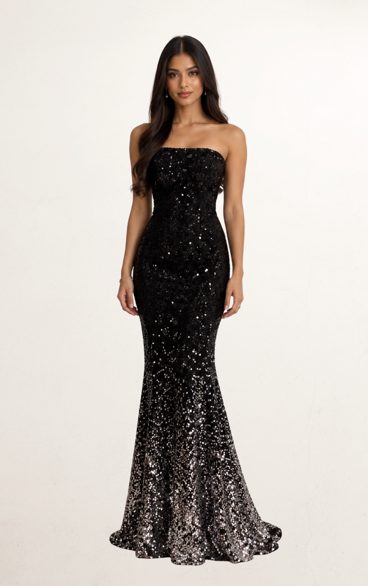 Black & Silver Ombré Strapless Sequin Gown