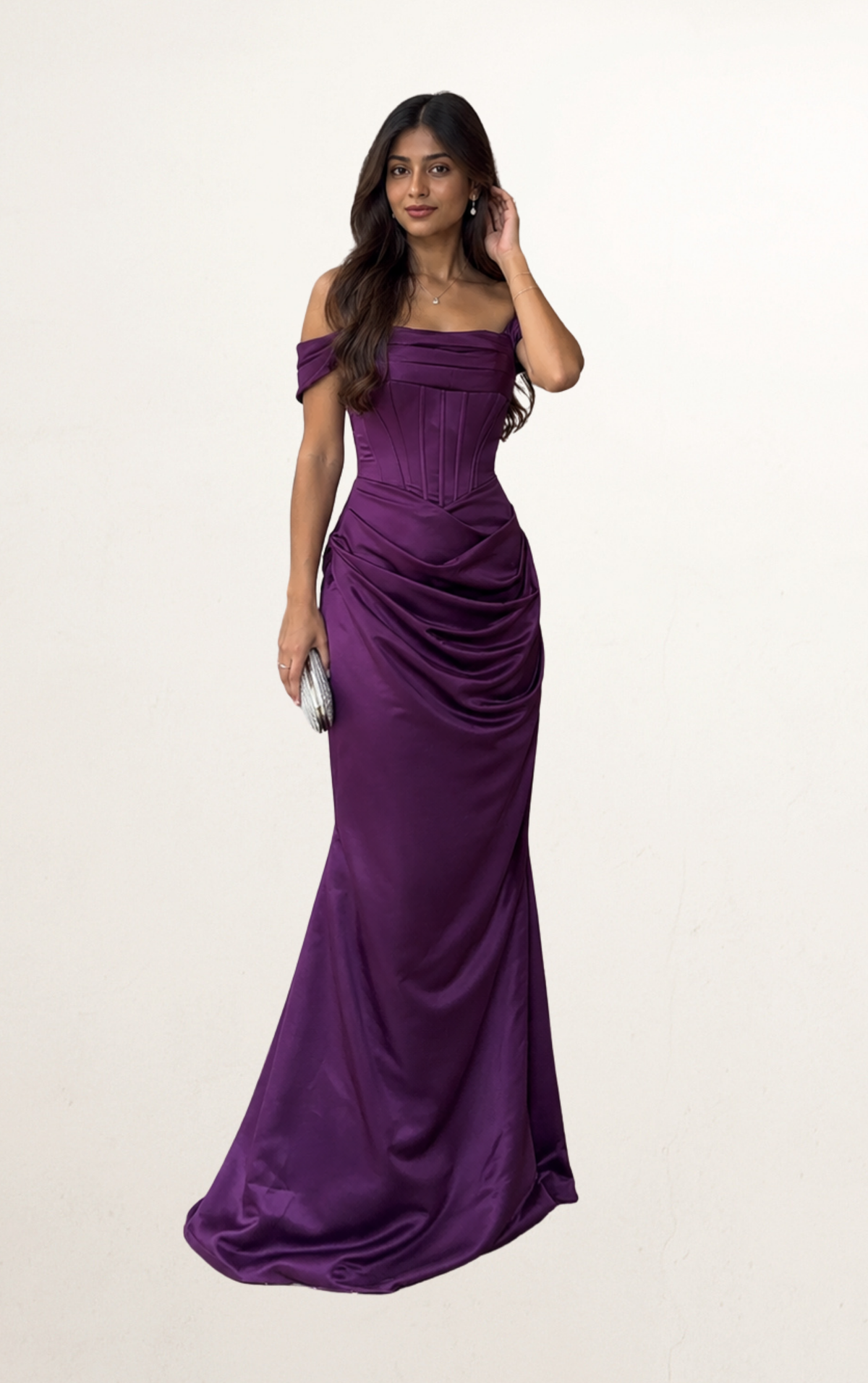 Purple Off-Shoulder Satin Corset Evening Gown