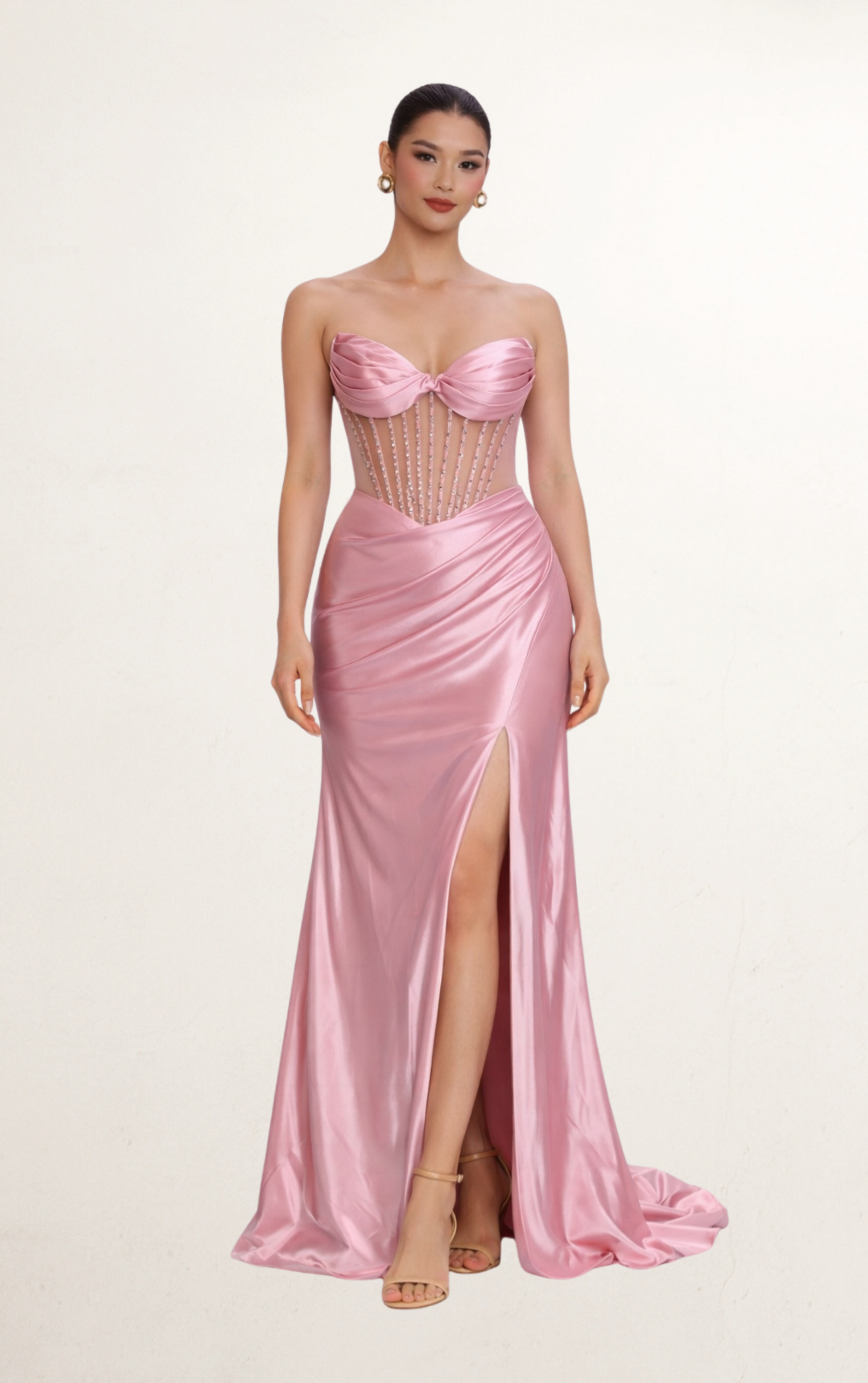 Pink Satin Embellished Corset Slit Gown