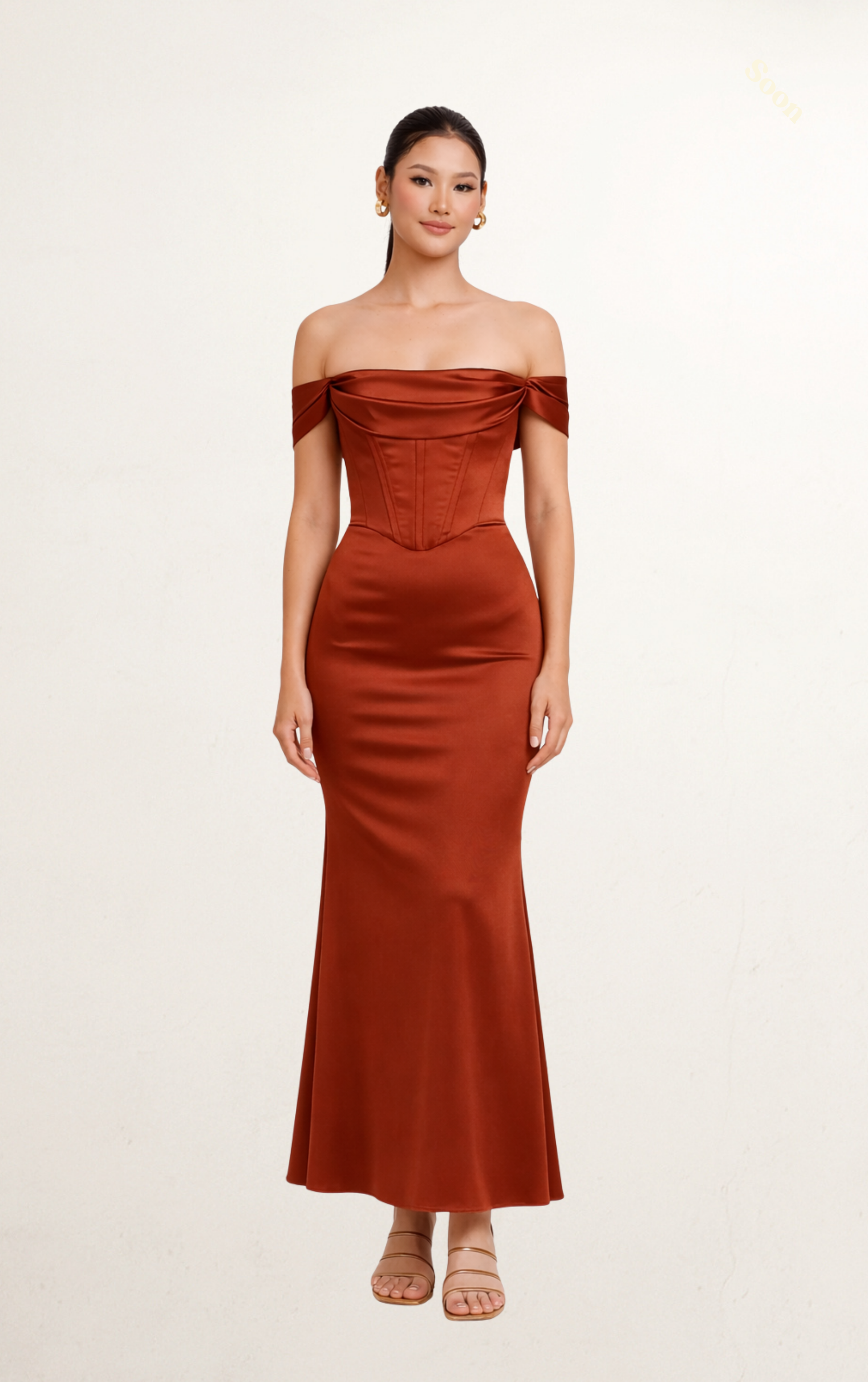 off shoulder rust dress Rust Off-Shoulder Silk Corset Dress Rental | Stylish Gown Dress Rental