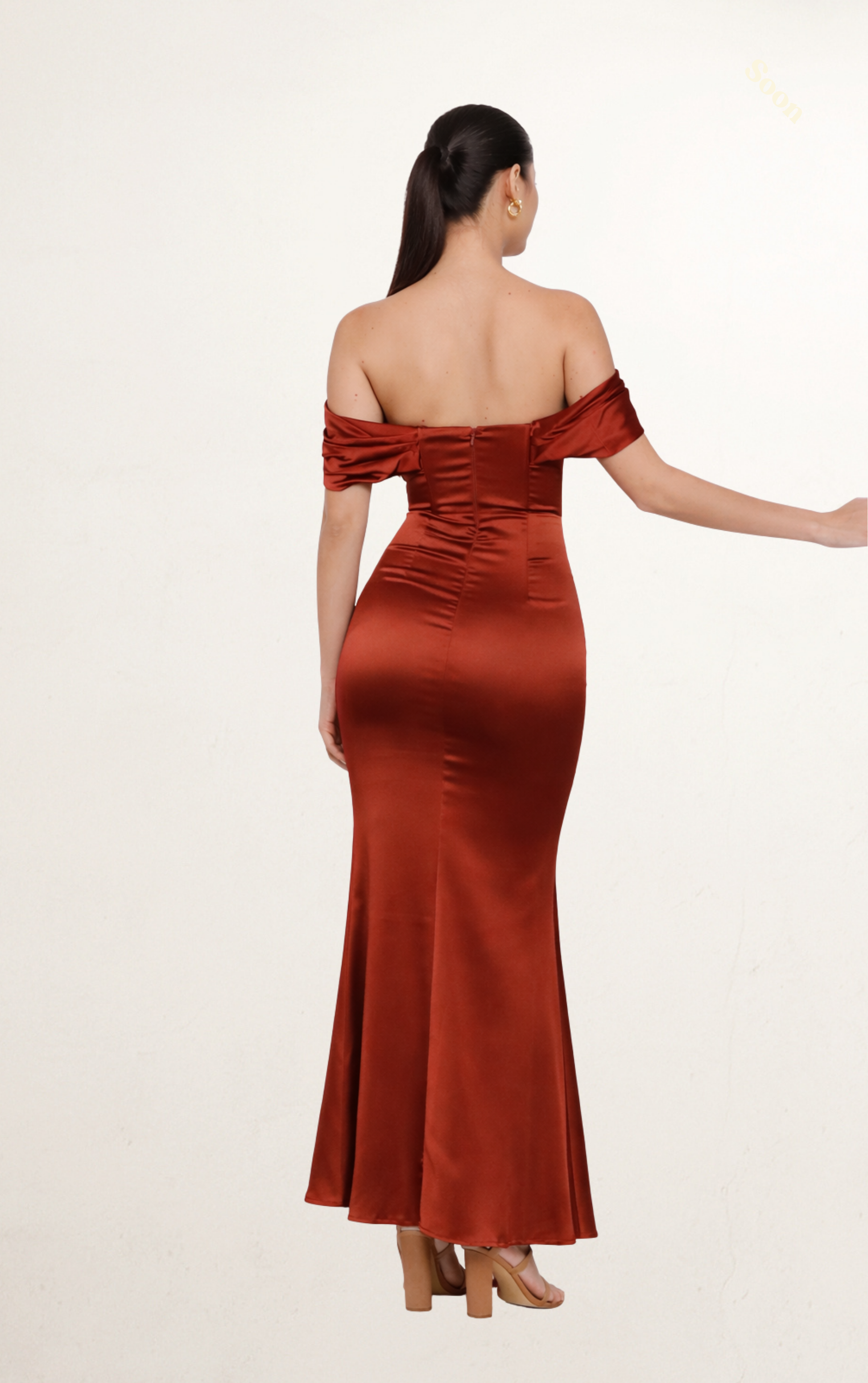 Rust Off-Shoulder Silk Corset Dress