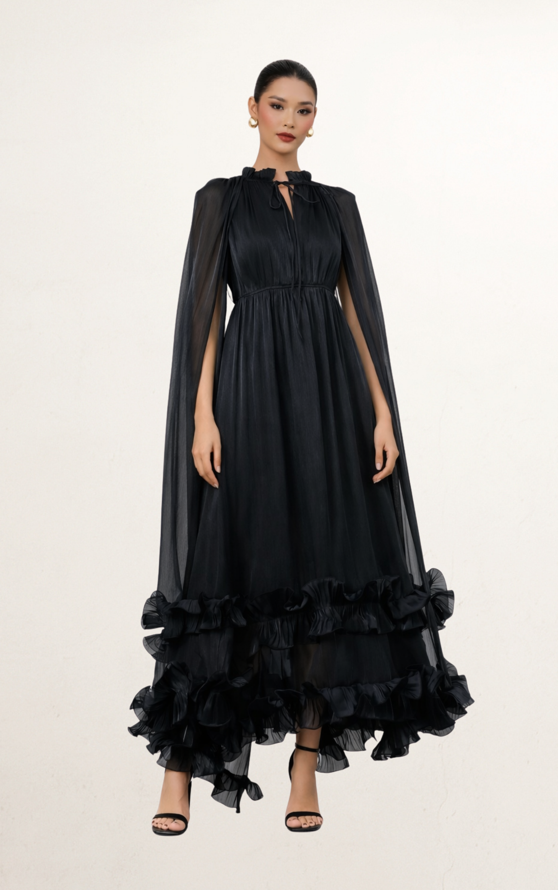 Black Noir Draped Sleeve & Cape Ruffle Gown