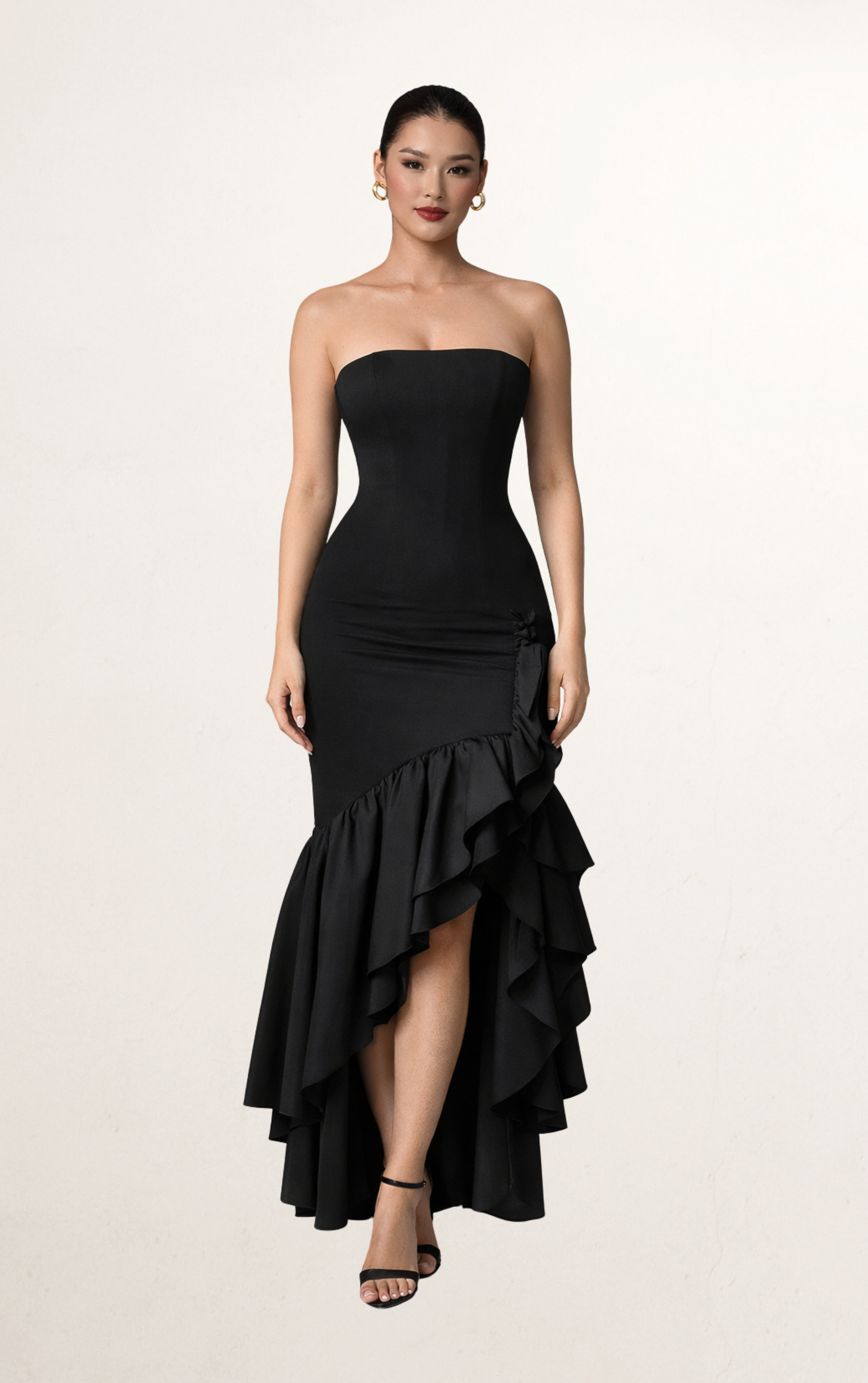 Black Off-Shoulder Ruffle High Low Dress