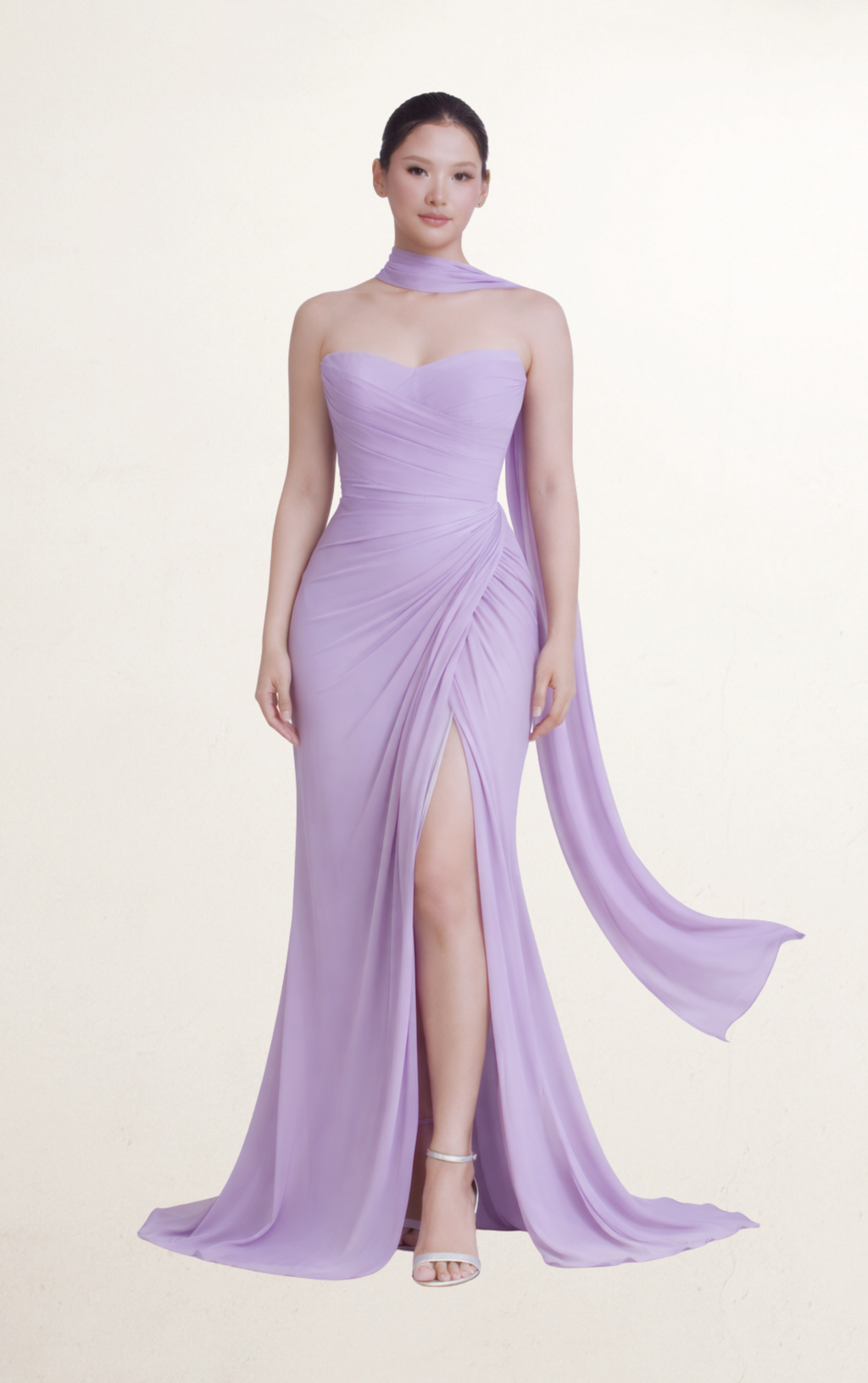 Purple Lilac Strapless Ruched Scarf Gown