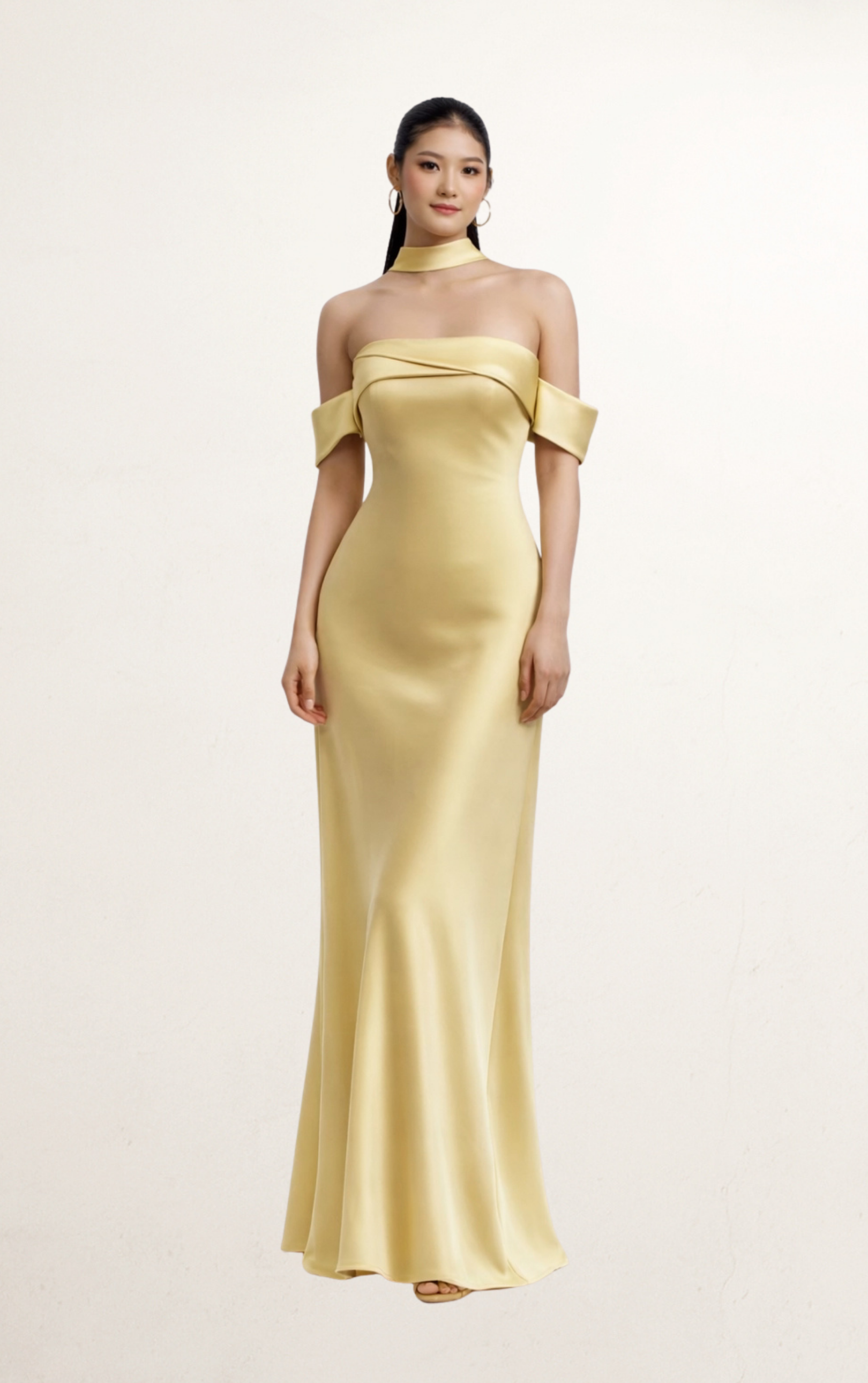 Yellow Silk Off-Shoulder w/ Scarf Maxi Dress