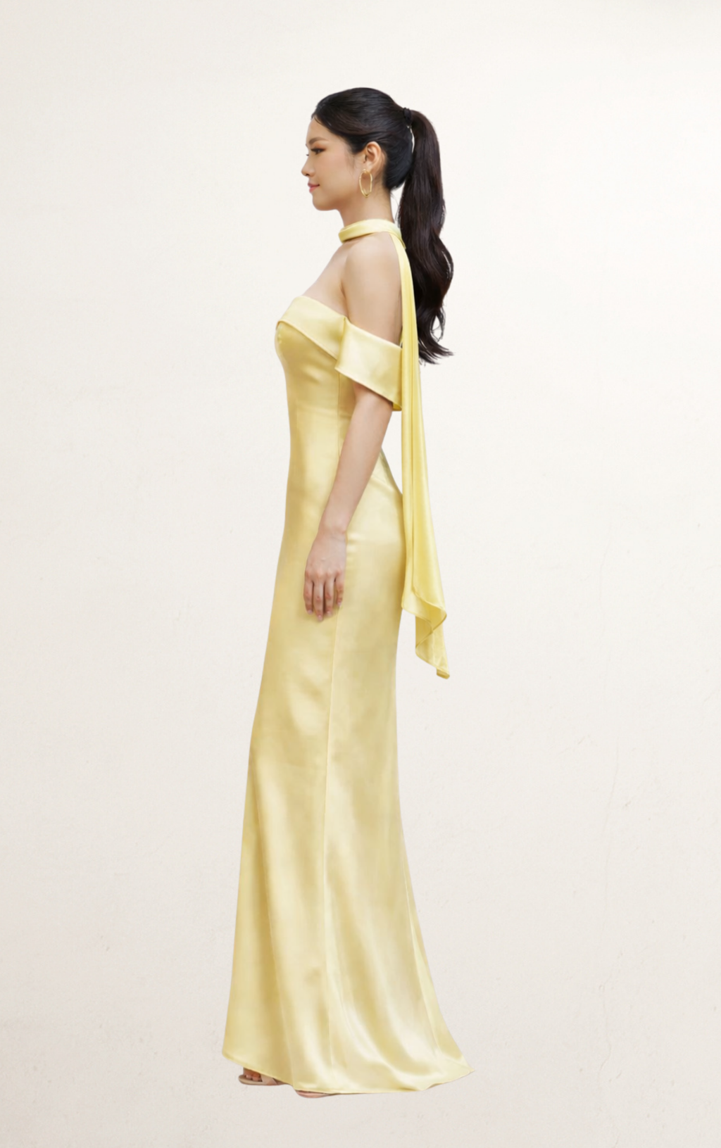 Yellow Silk Off-Shoulder w/ Scarf Maxi Dress