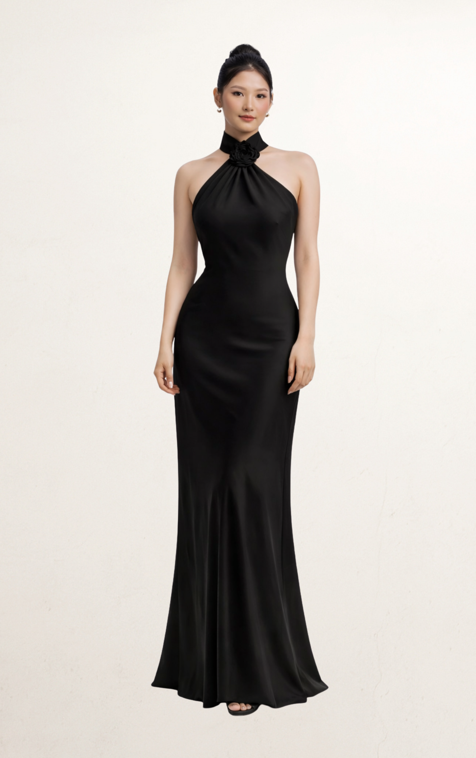 Black Silk Halter Rosette Maxi Dress