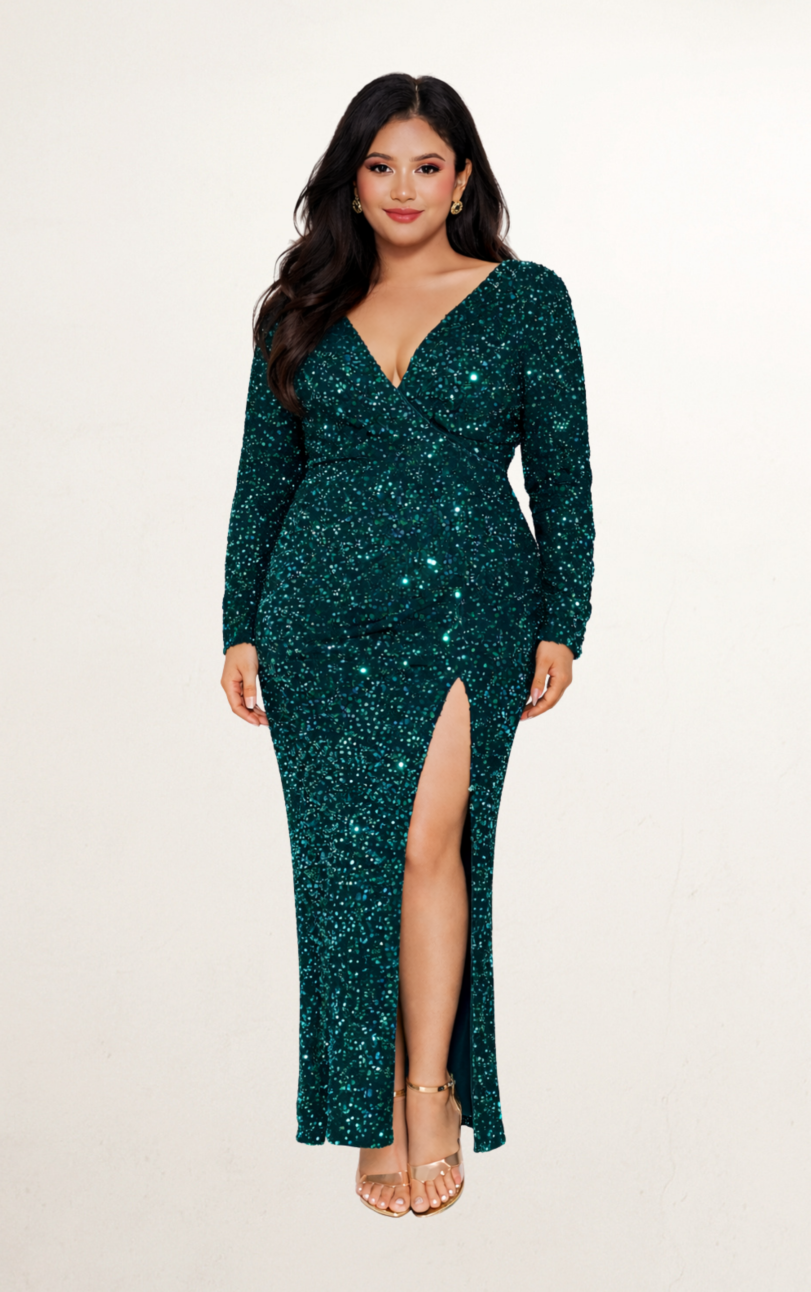 Green Sequin Wrap Long Sleeve Dress