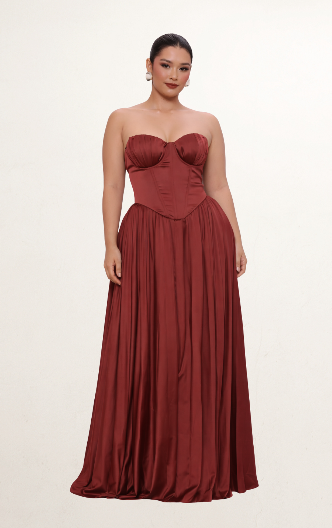 Rust Strapless Flowing Satin Gown