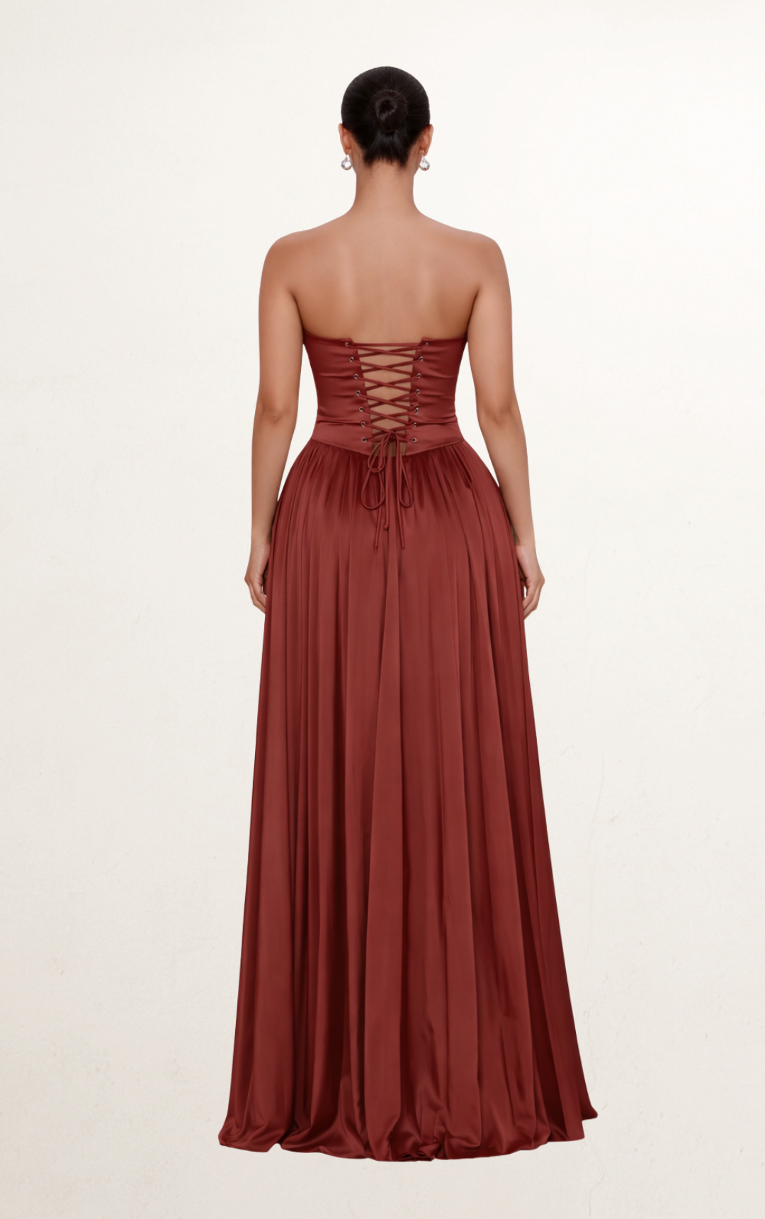 Rust Strapless Flowing Satin Gown