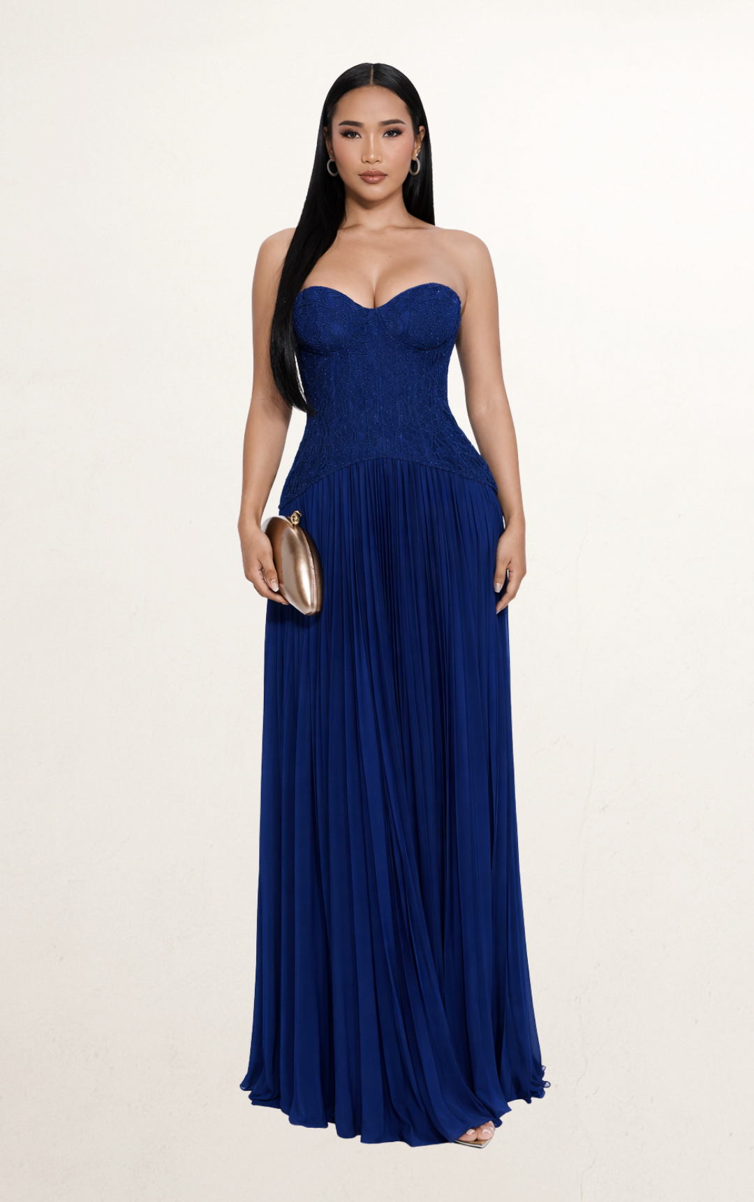 Blue Lace Corset Pleated Maxi Dress