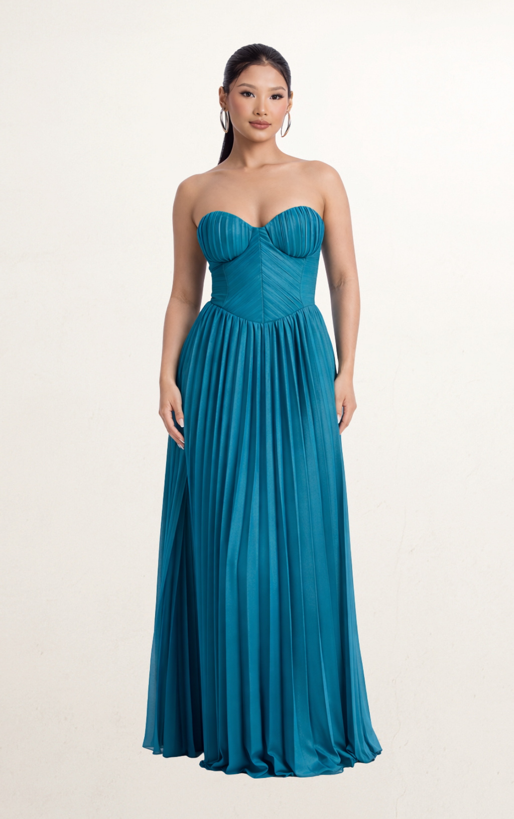 Blue Teal Plisse Strapless Gown