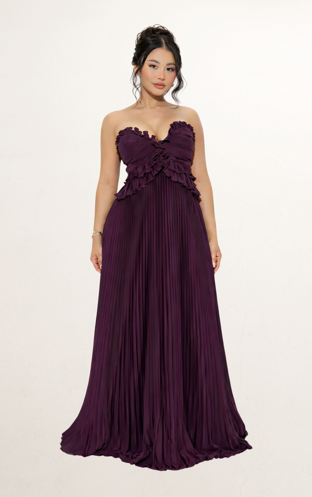 Purple Pleated Ruffle Strapless Gown
