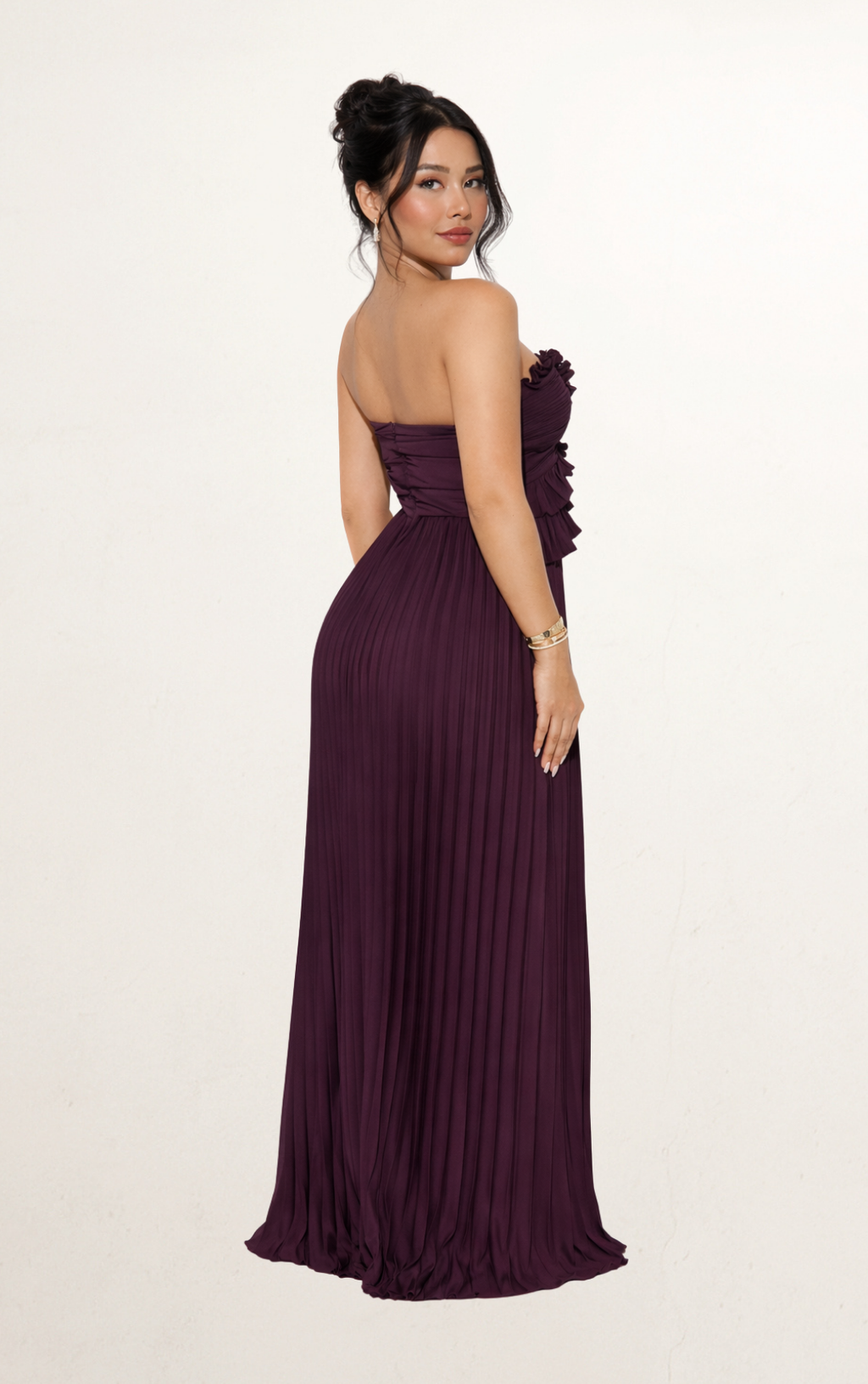 Purple Pleated Ruffle Strapless Gown