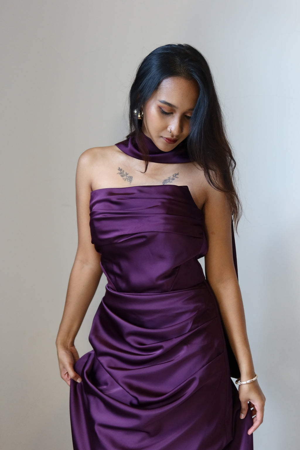 purple bandeau dress Bandeau Underwired Boning Detail Ruched Split Leg Mini Dress In Plum Satin | EGO US