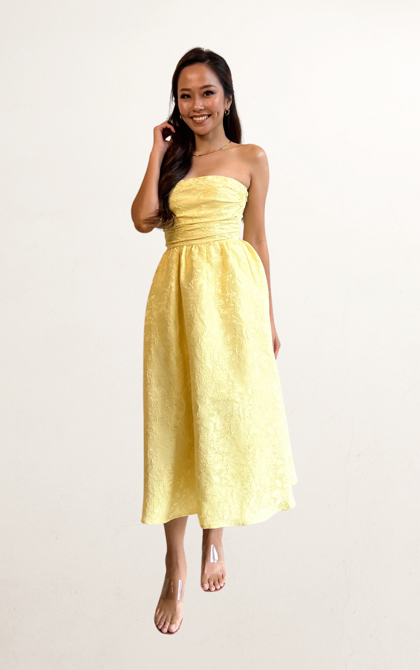 Yellow Floral Jacquard Lace Up Dress