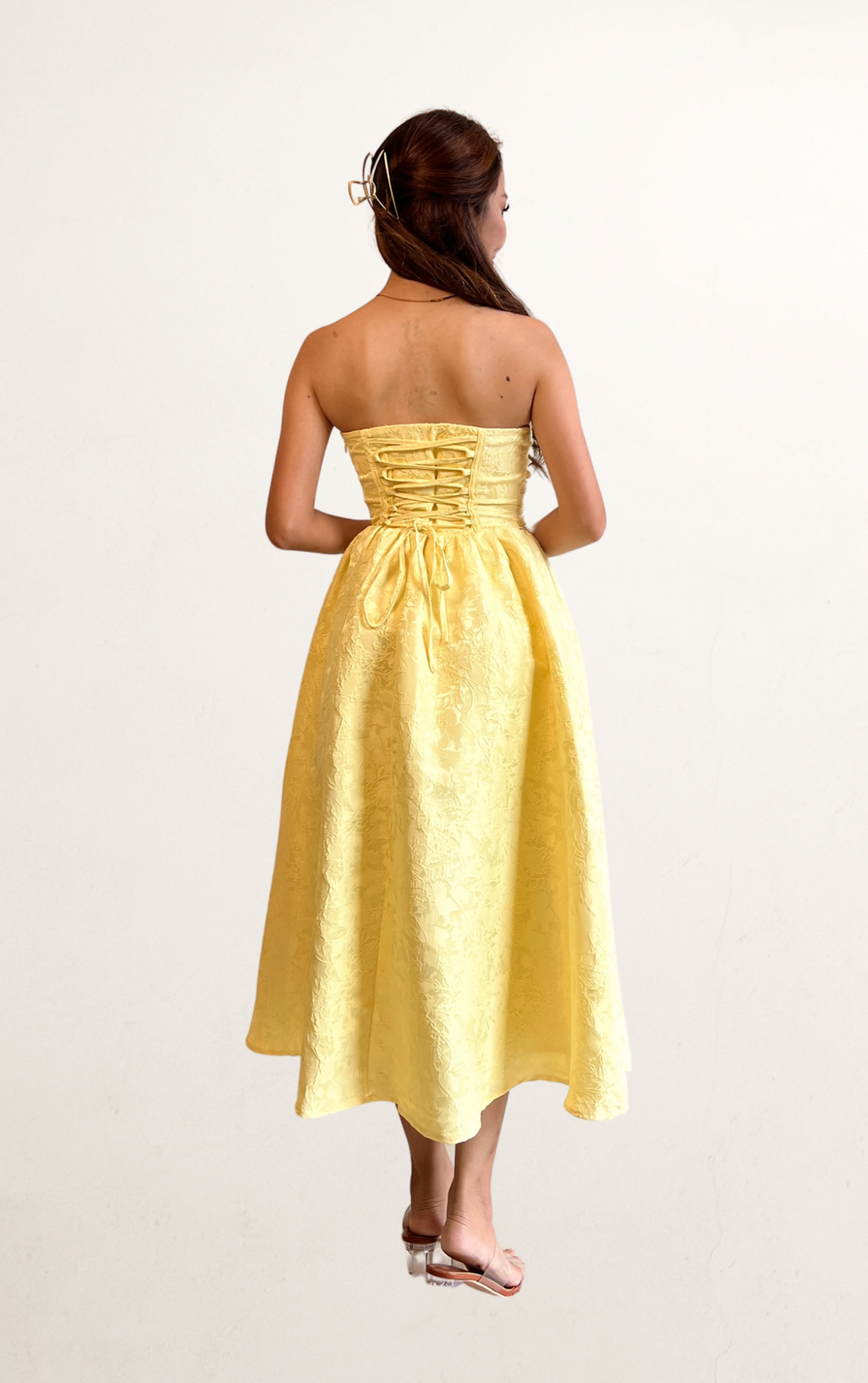 Yellow Floral Jacquard Lace Up Dress