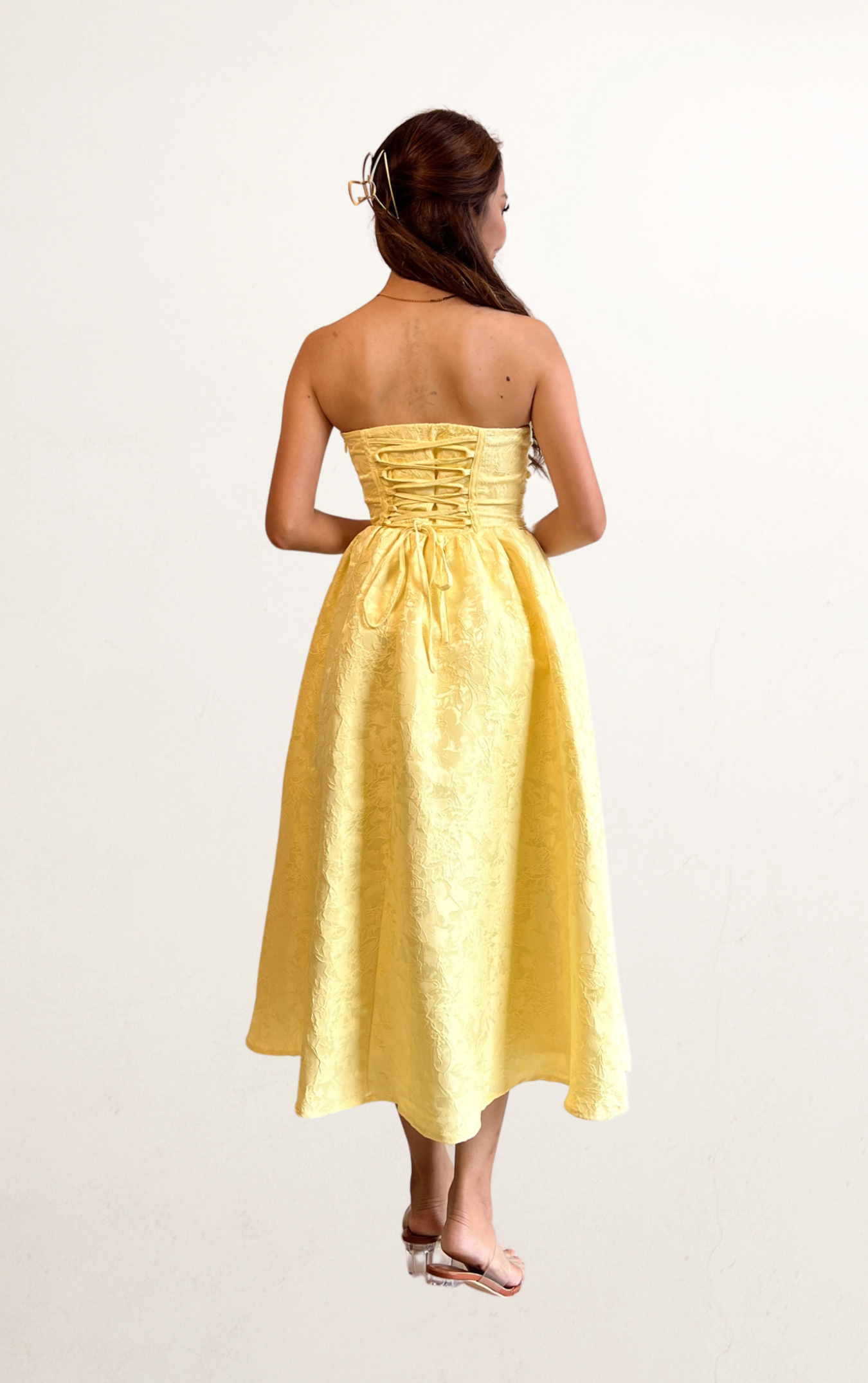 Yellow Floral Jacquard Lace Up Dress