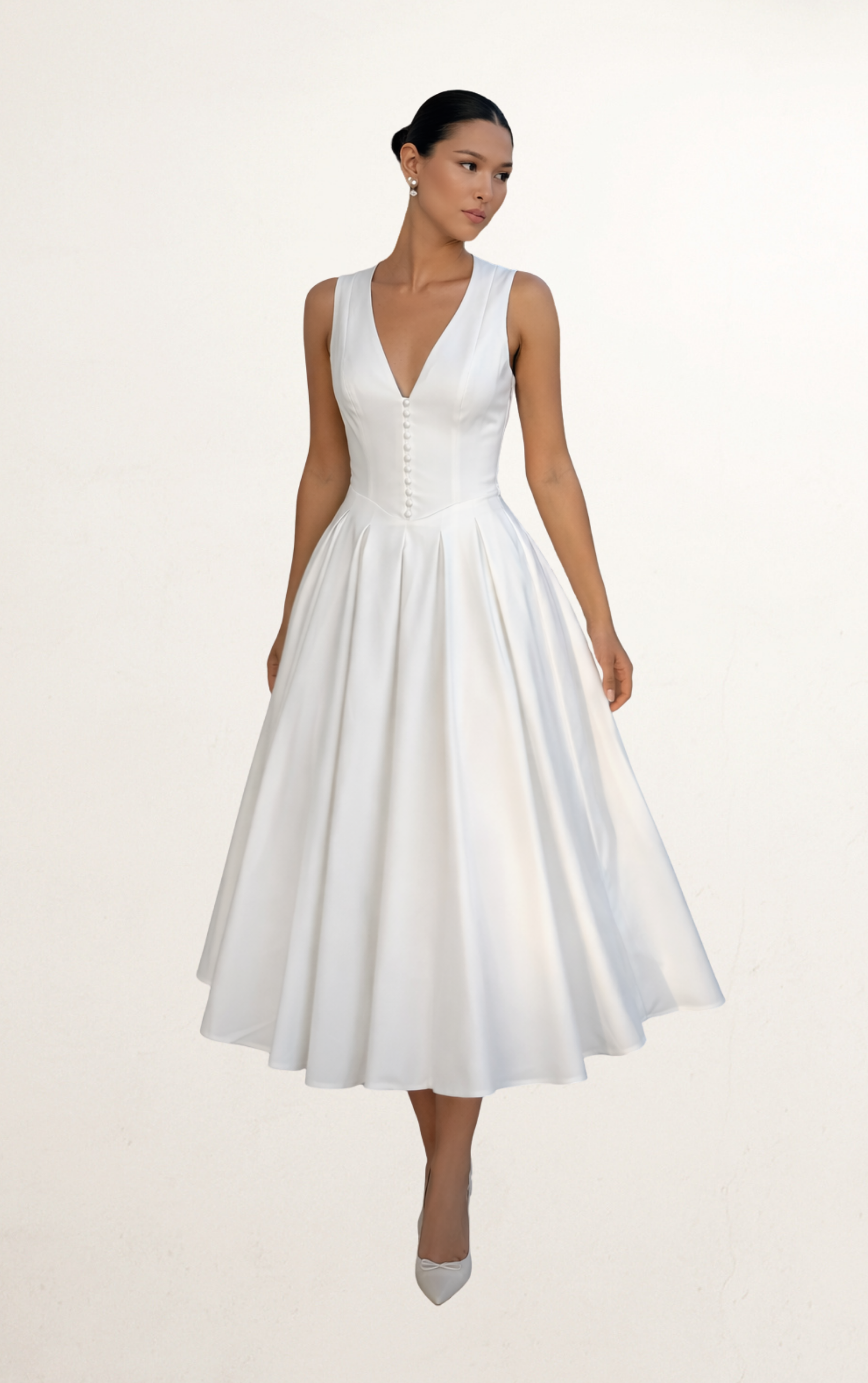 White Ivory Deep V-Neck A-Line Bridal Dress