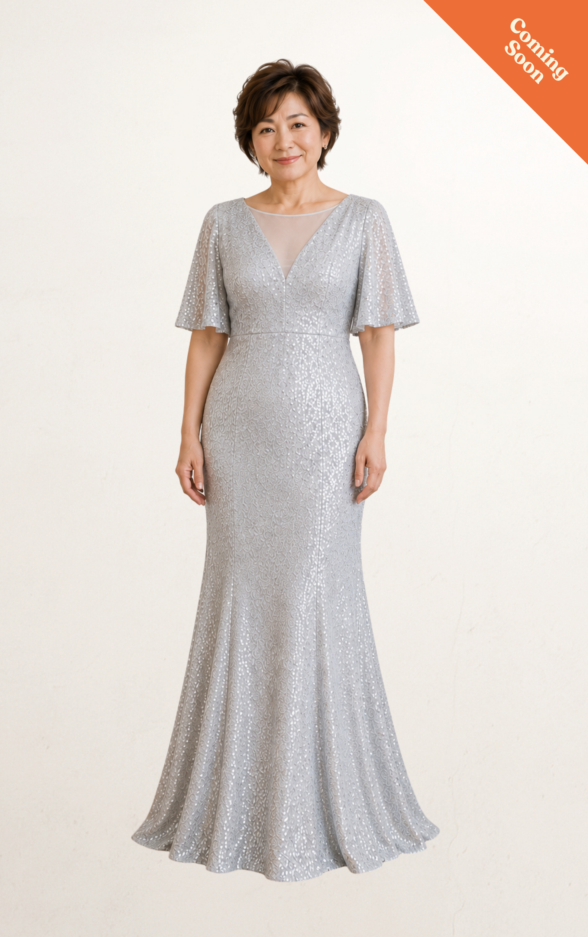 Silver Sequin Cape Evening Dress