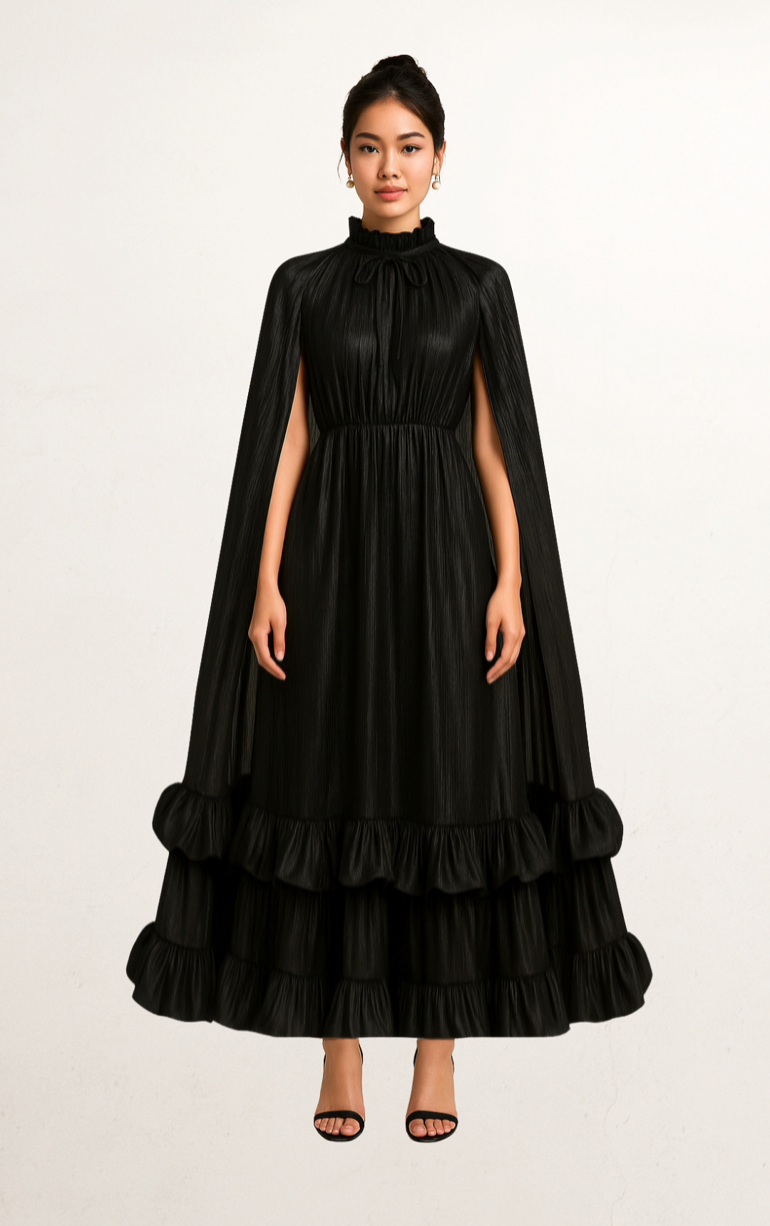 Black Noir Draped Sleeve & Cape Ruffle Gown