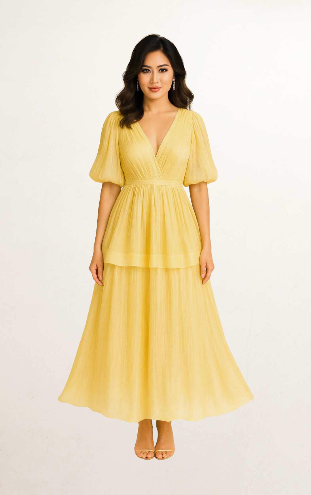Yellow Tiered Gauze Peplum Evening Dress