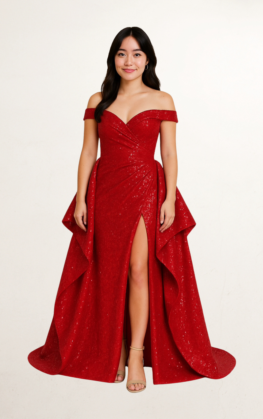 Red Sequin Draped Side-Train Gown