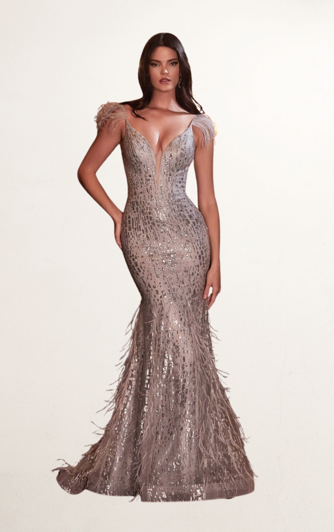 Silver Beaded Feathered Mermaid Evening Gown