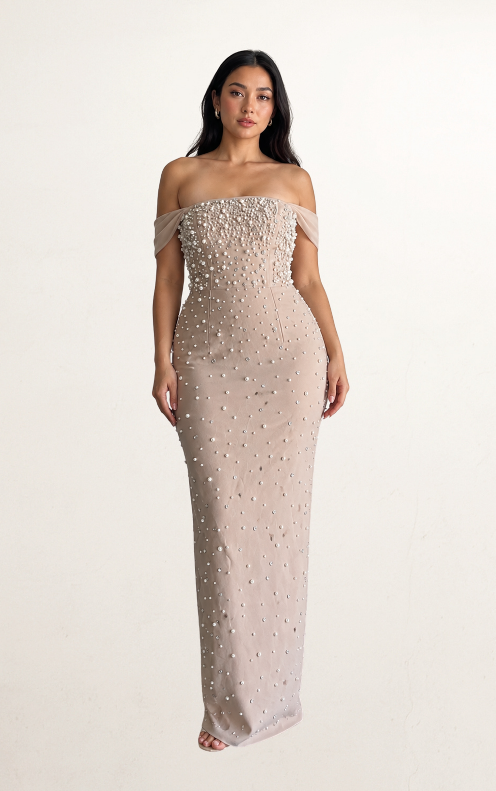 Beige Off-Shoulder Pearl Bandage Evening Dress