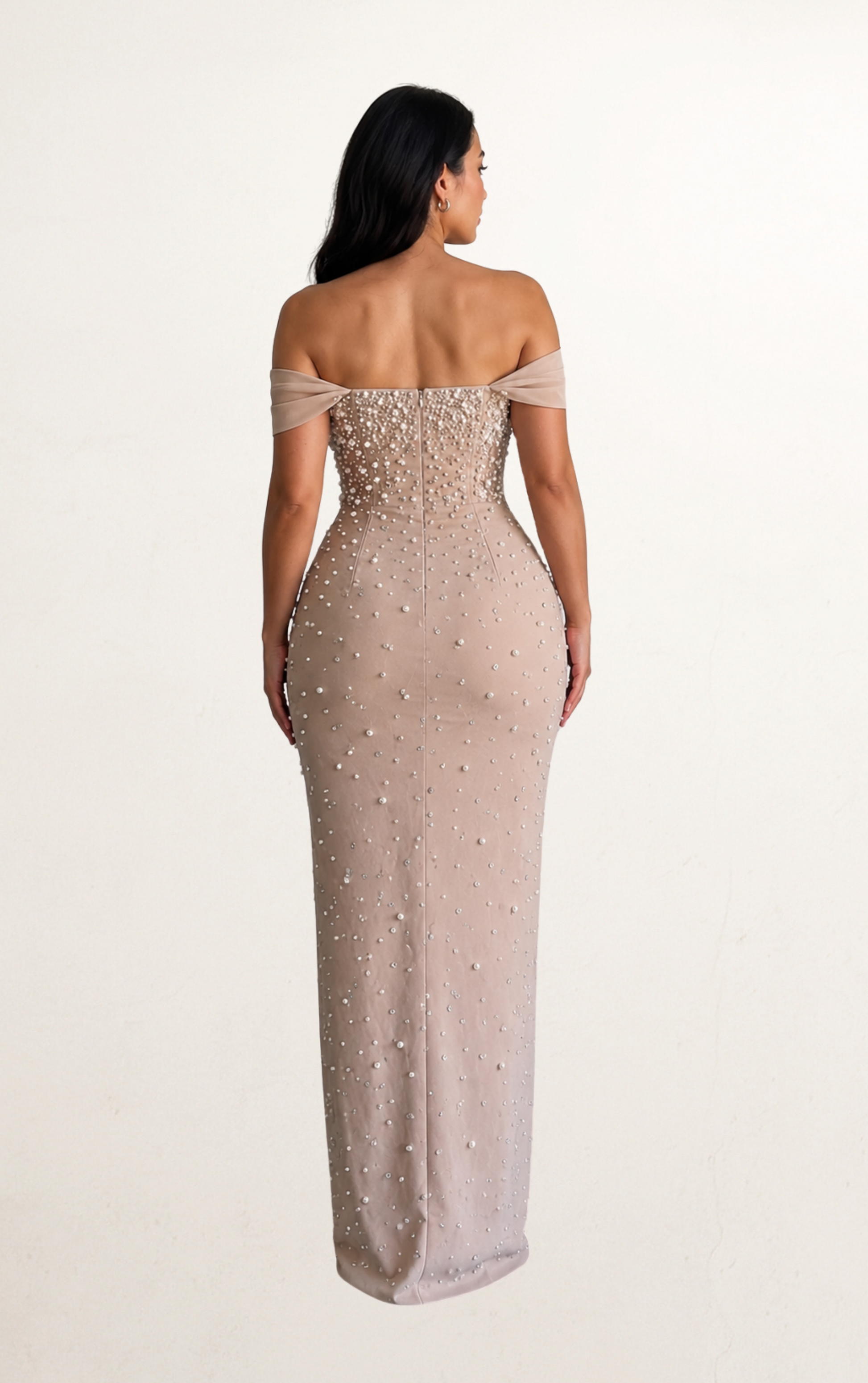 Beige Off-Shoulder Pearl Bandage Evening Dress