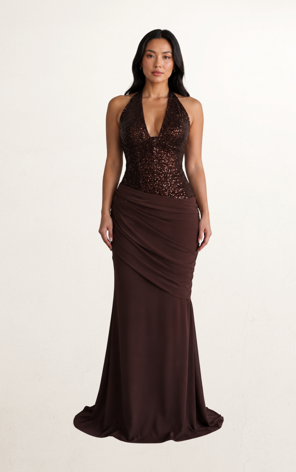 Brown V Neck Halter Ruched Sequin Evening Dress