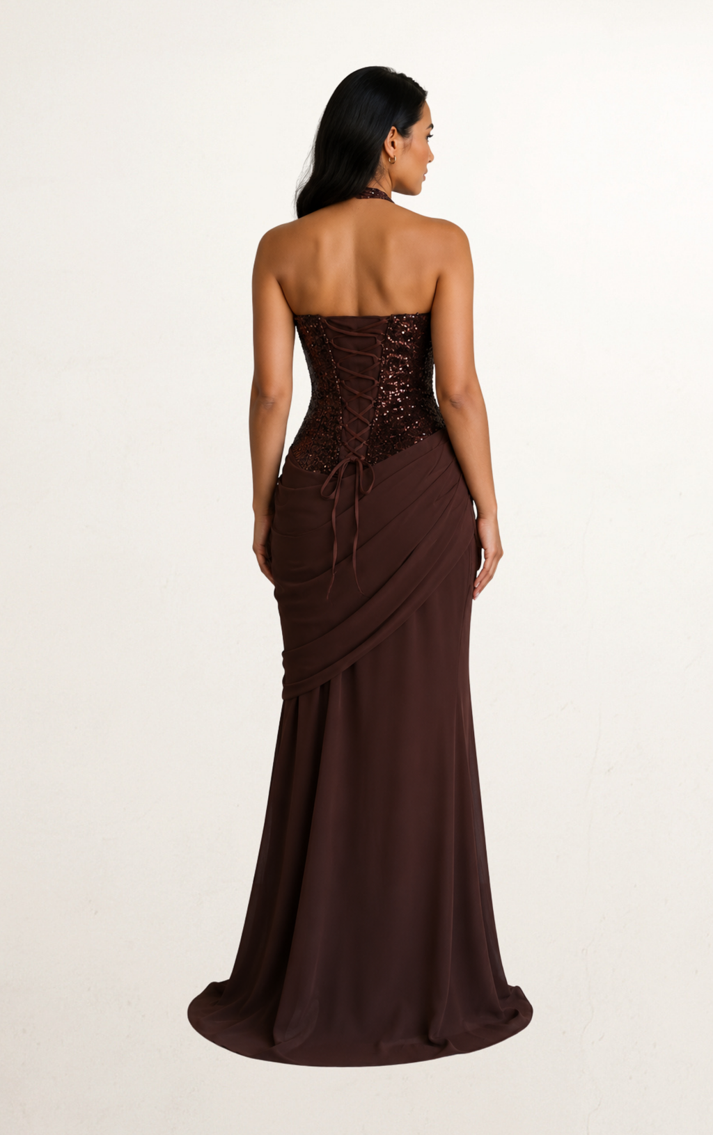 Brown V Neck Halter Ruched Sequin Evening Dress