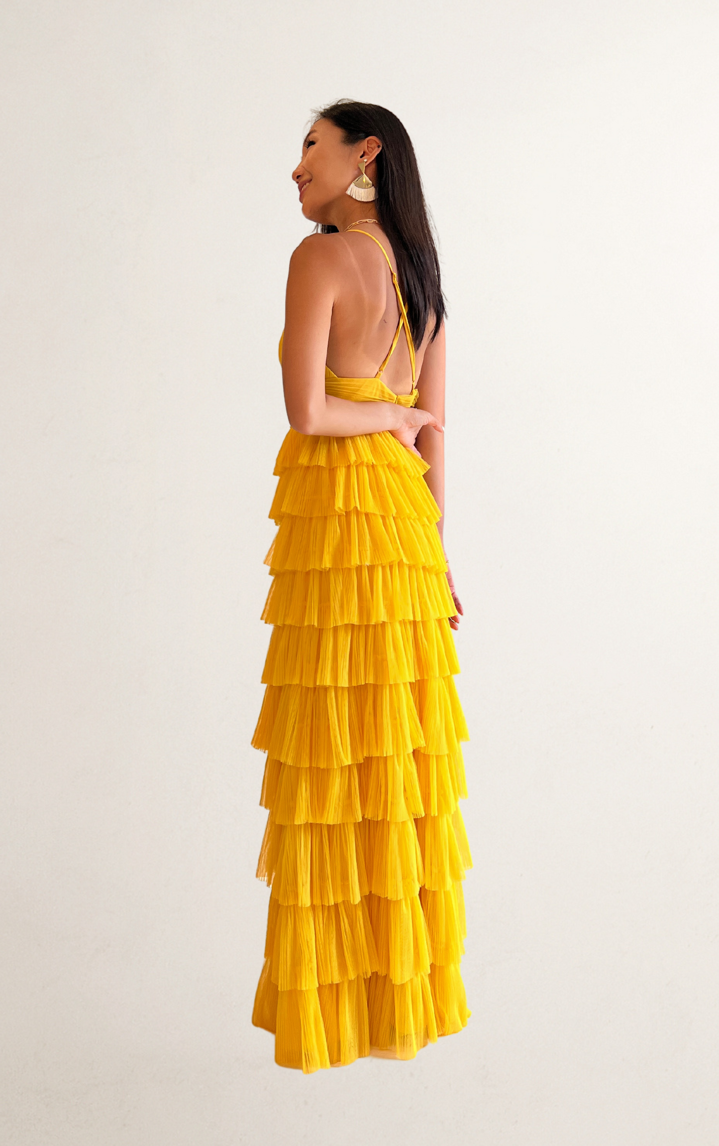 Yellow Crossback Ruffle Tiered Dress
