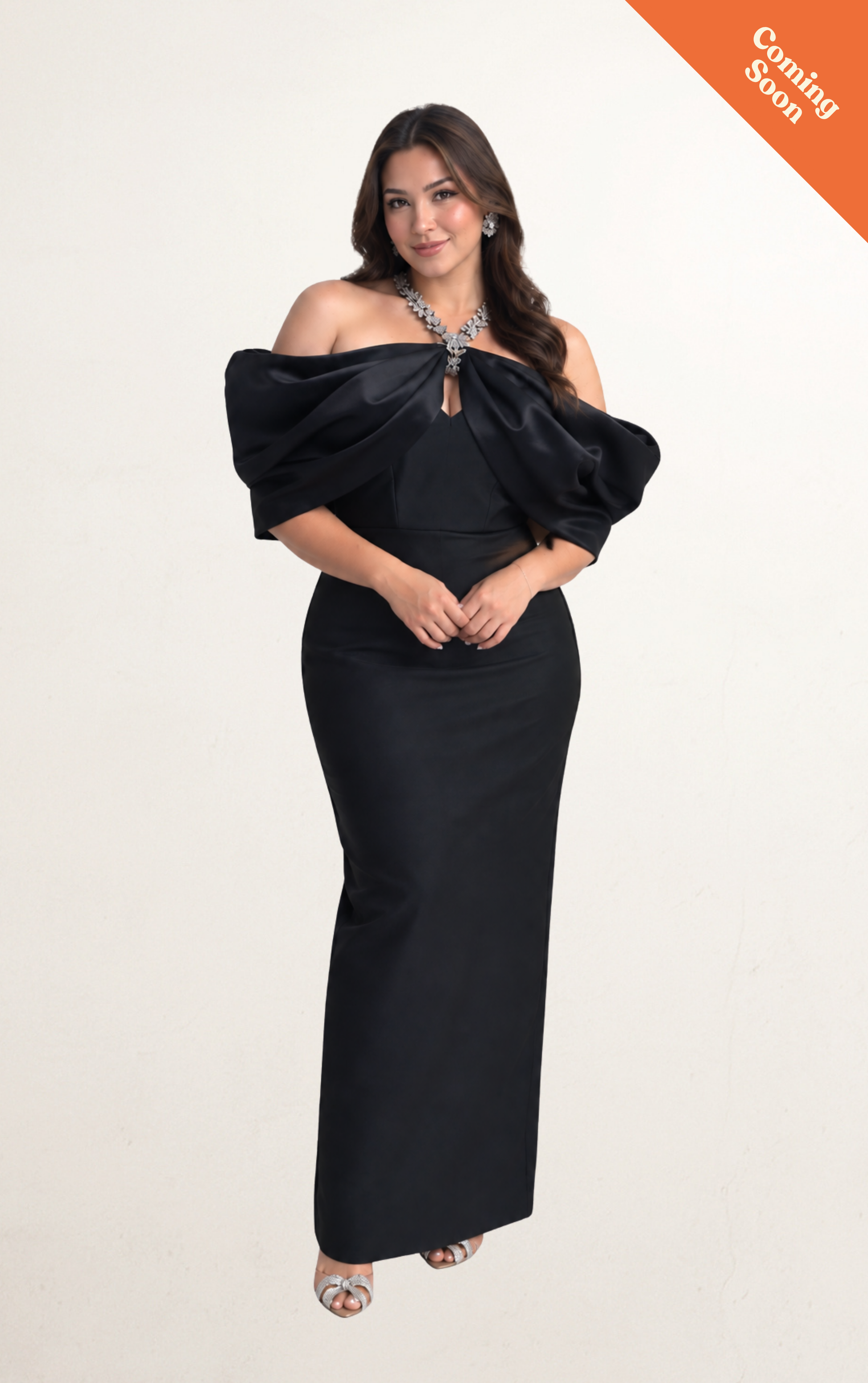 Black Halter Diamond Off-Shoulder Maxi Dress