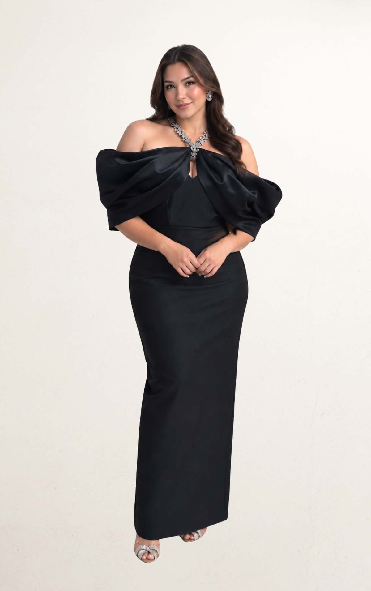 Black Halter Diamond Off-Shoulder Maxi Dress