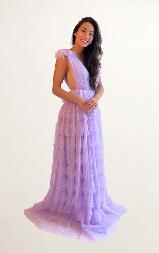 Purple Sau Lee Tiered Ruffle Plunge Dress