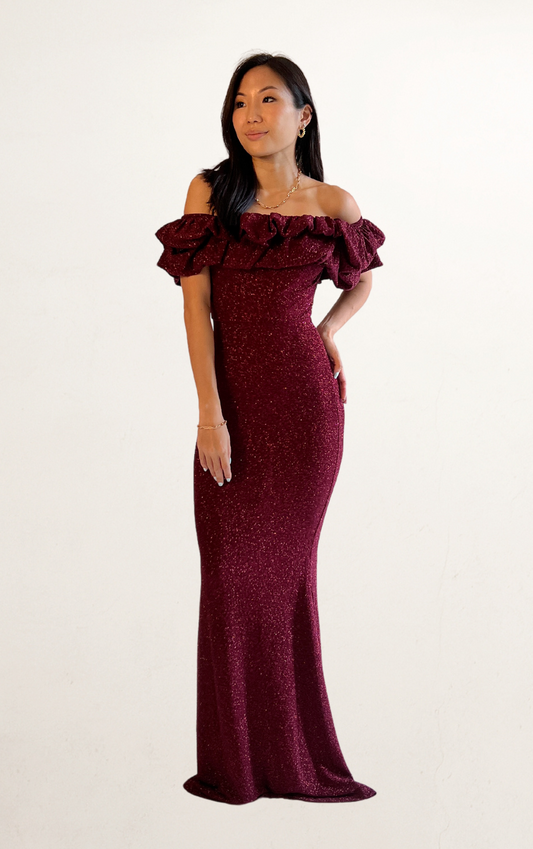 Red Glitter Bandeau Ruffled Dress
