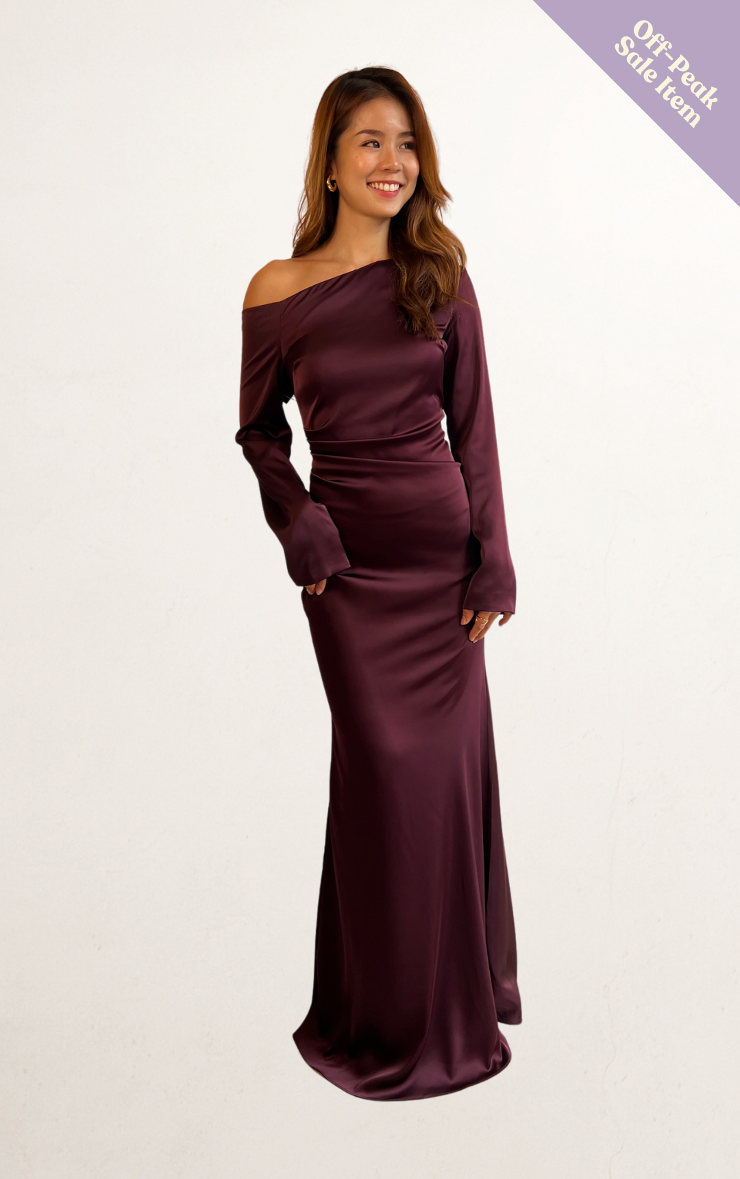 Purple Satin Long Sleeve One-Shoulder Dress