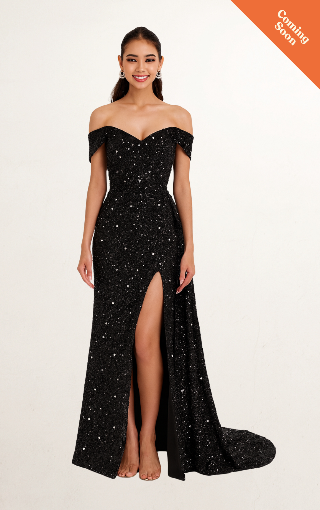 Black Off-Shoulder Sequin Drape Gown