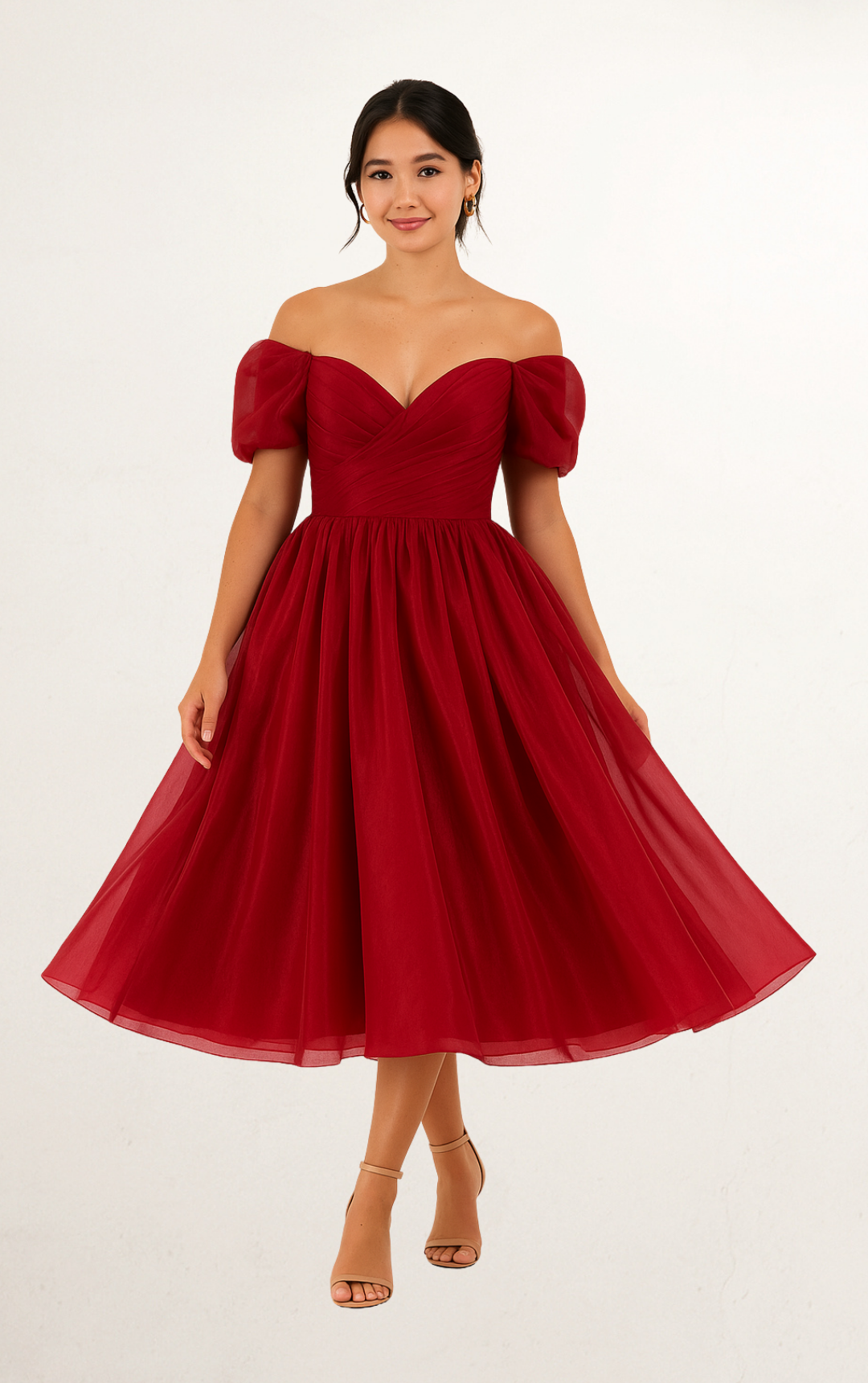 Red Organza Puff Sleeve Midi Evening Gown